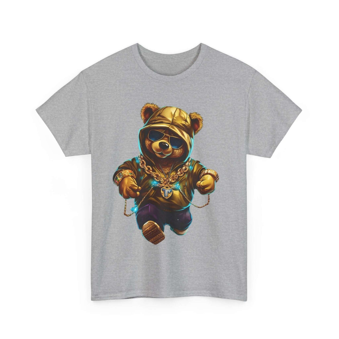 Fun Bling Hip Bear tee featuring a stylish bear in a hoodie with gold chains, perfect for casual wear and statement outfits.