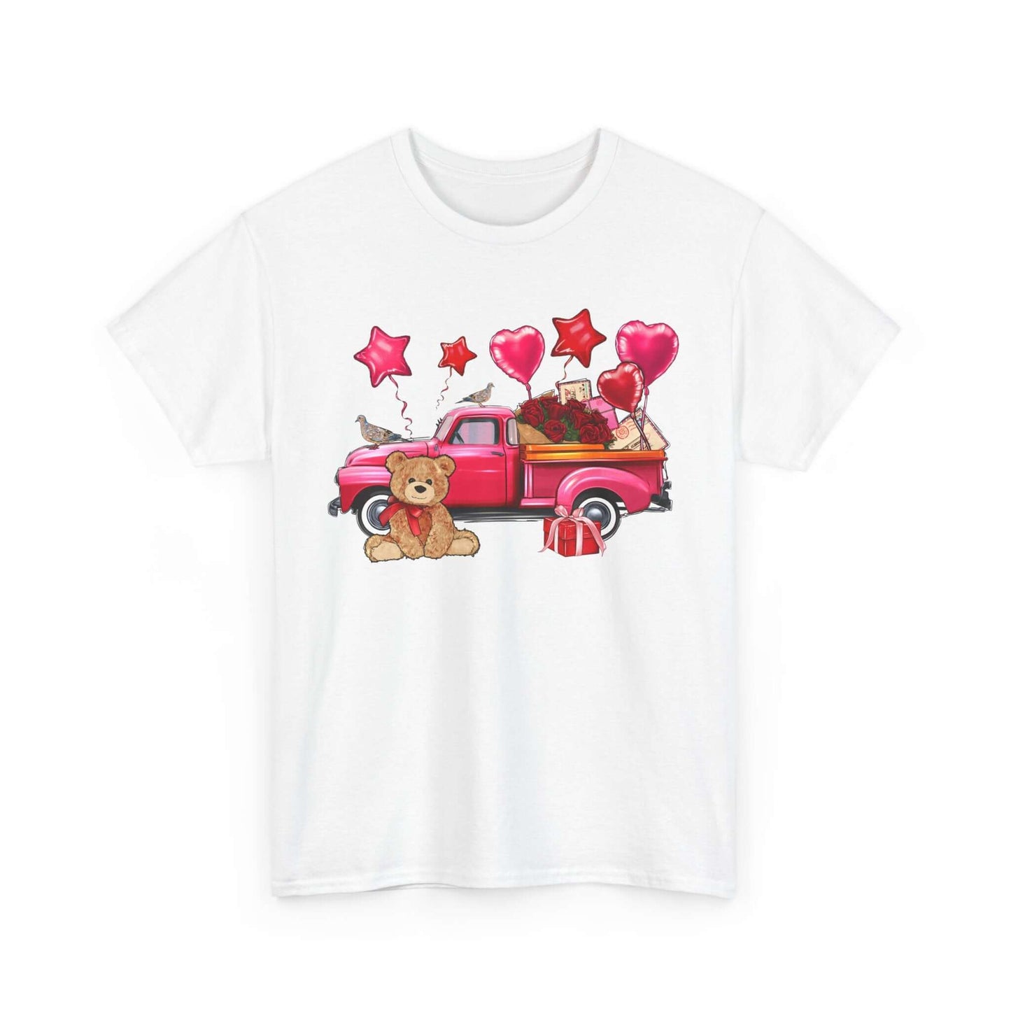 Valentine's Day unisex t-shirt with vintage truck, roses, teddy bear, and heart balloons design; perfect romantic gift.