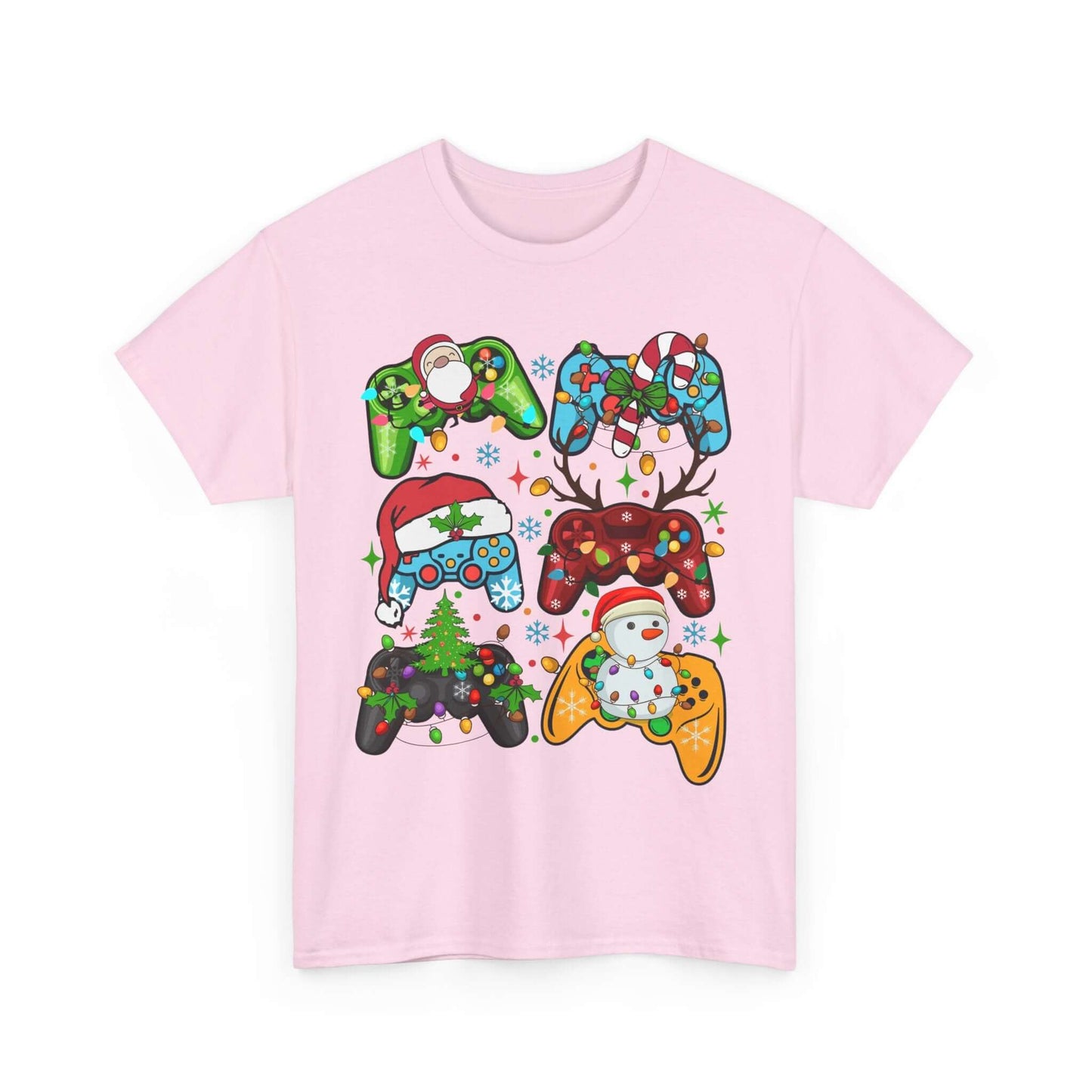 Christmas Gaming Controller Tee featuring festive designs on a pink shirt, perfect for gamers and holiday celebrations.