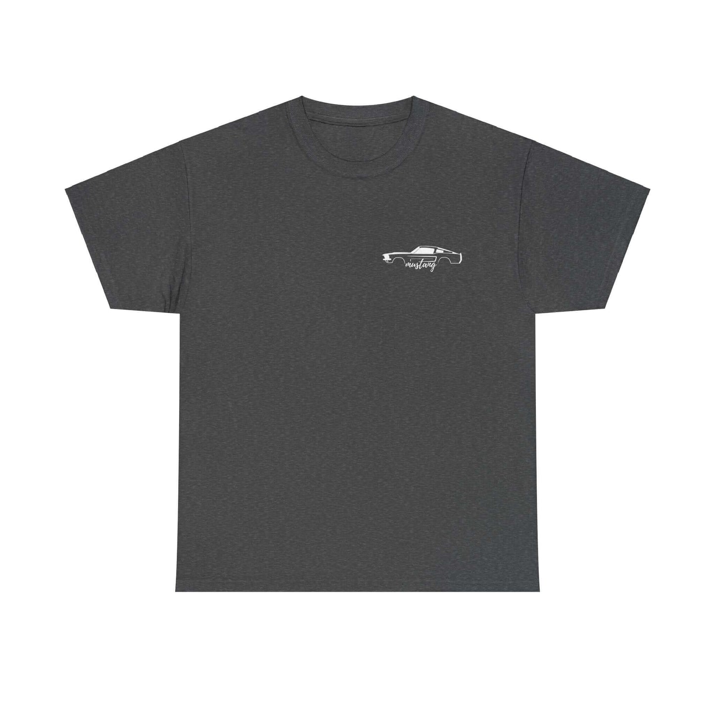 Ford Mustang Evolution Tee with front chest print of 1967 Mustang, dark gray t-shirt featuring iconic car design and year-by-year specs.