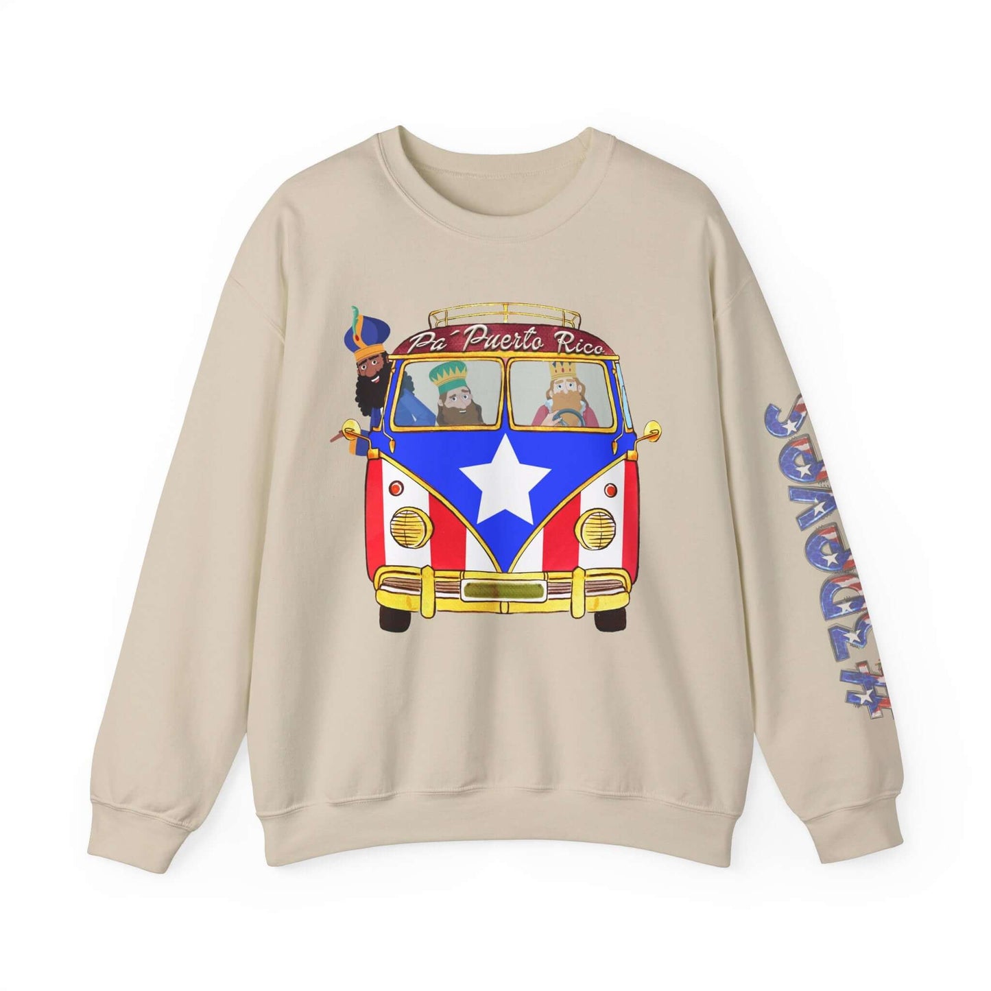 Festive Christmas sweater with Three Kings in VW bus, Puerto Rico flag design, "Pa Puerto Rico" text, vibrant left sleeve print.