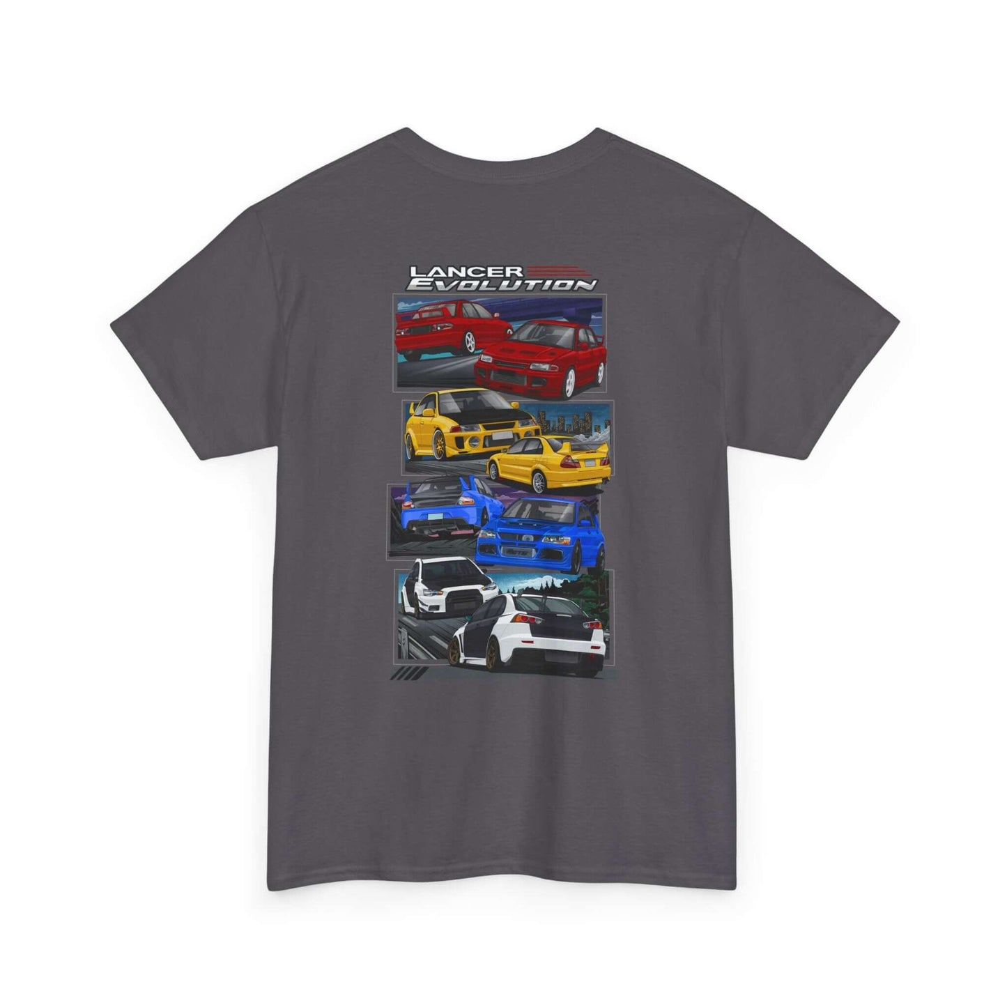 JDM-Inspired Evolution Car Tee, Red Yellow Blue White Enthusiast Shirt