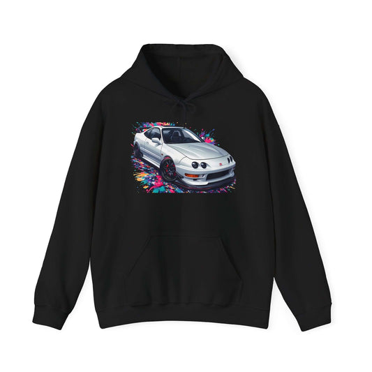 White Model Integra Hoodie with DC2 USDM Design, Black Hooded Sweatshirt for Car Enthusiasts