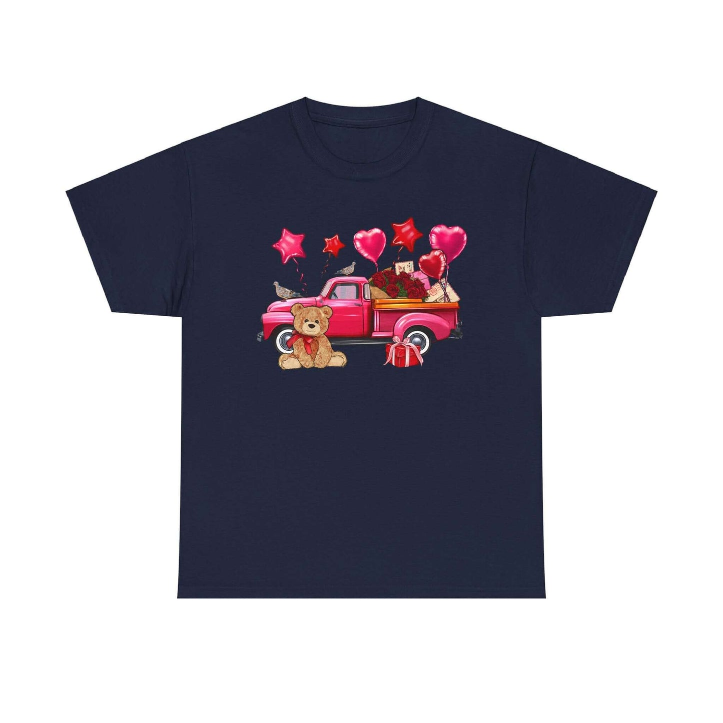 Unisex Valentine's Day tee with vintage truck, roses, teddy bear, and heart balloons design on navy cotton fabric.