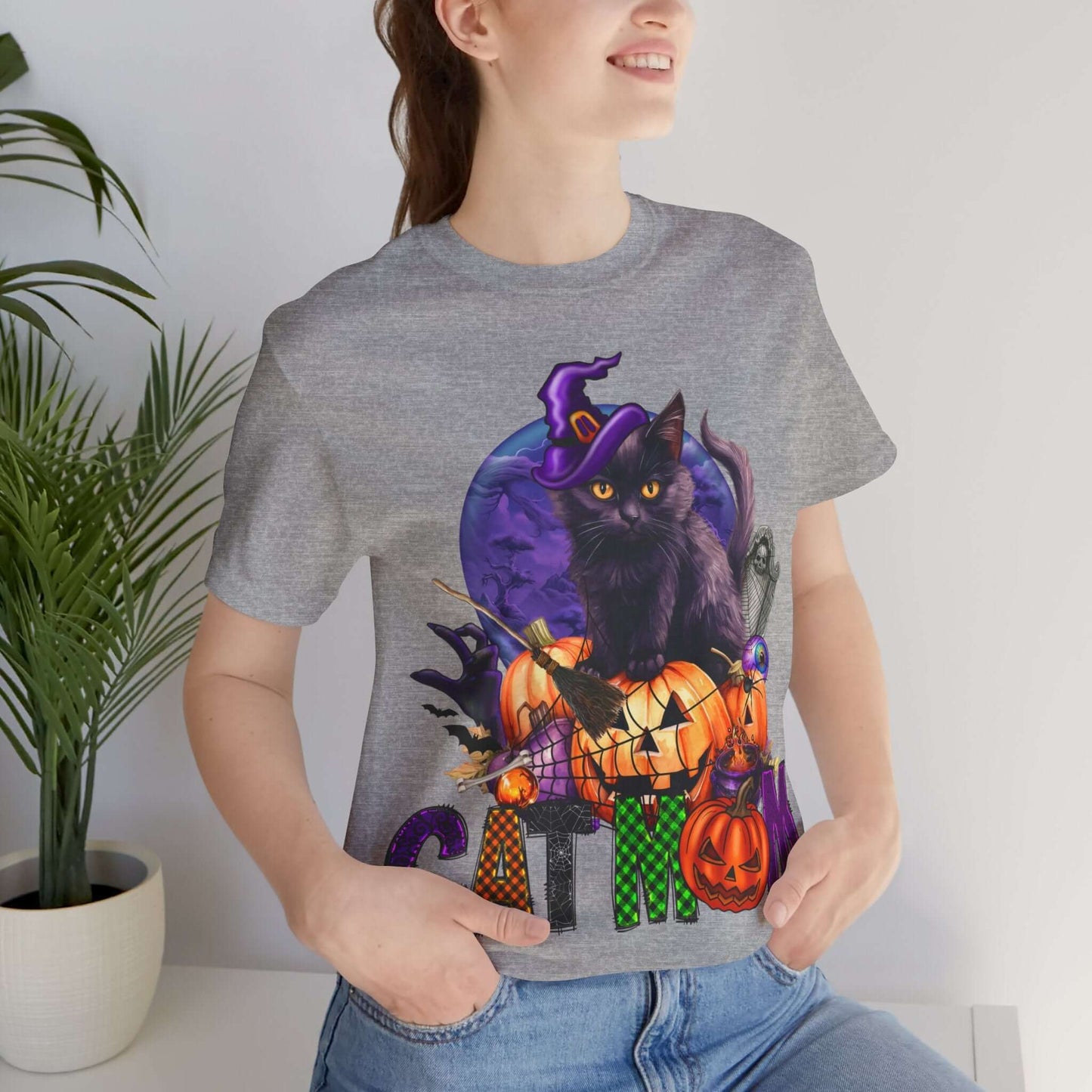 Cat Mom Women's T-shirt - Adorable Baby Black Cat, Pumpkins and Purple Moon, - Unique Halloween Outfits, Festive Parties, and Feline Fun.