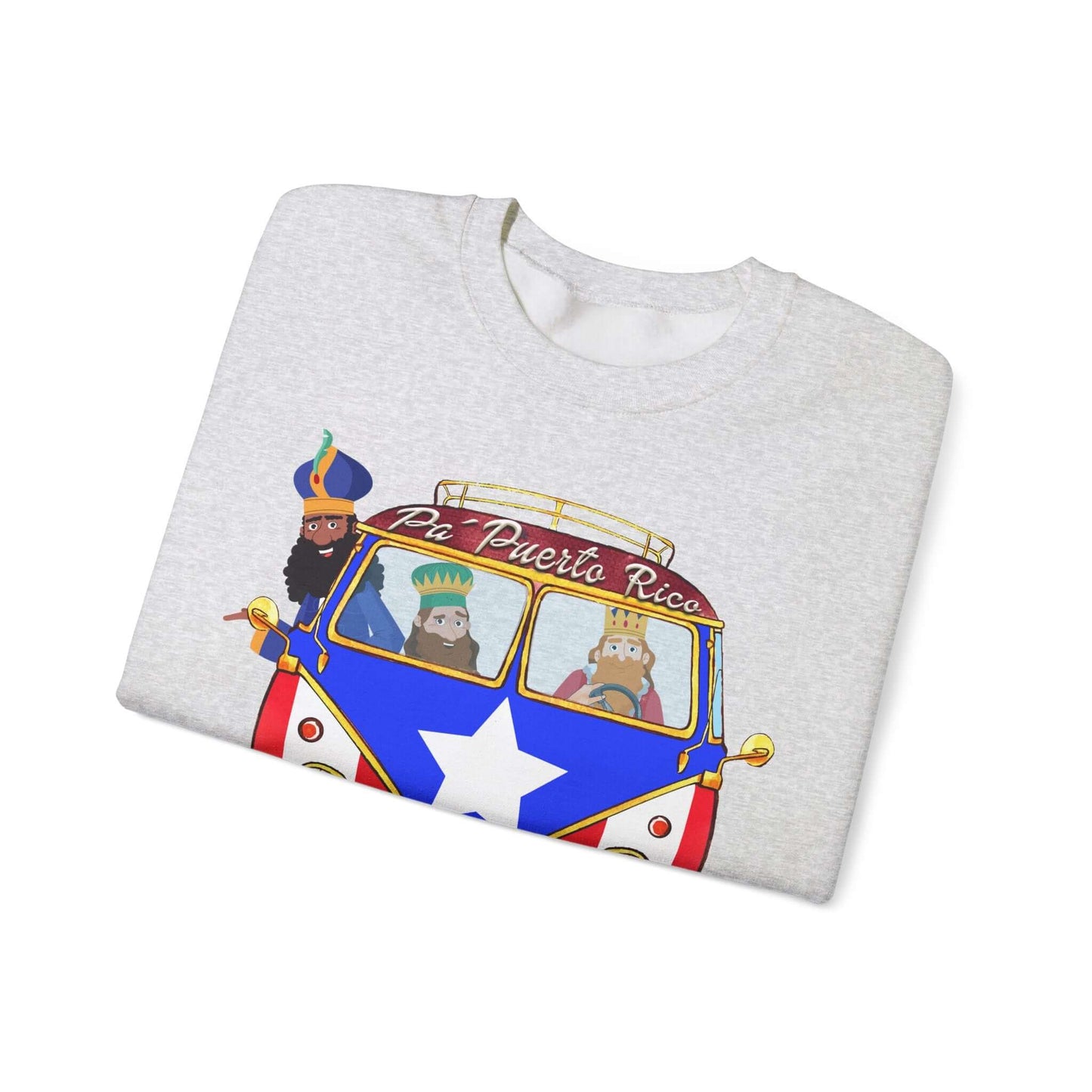 Christmas sweater featuring Three Kings in VW bus with Puerto Rico flag and "Pa Puerto Rico" text, festive holiday design.