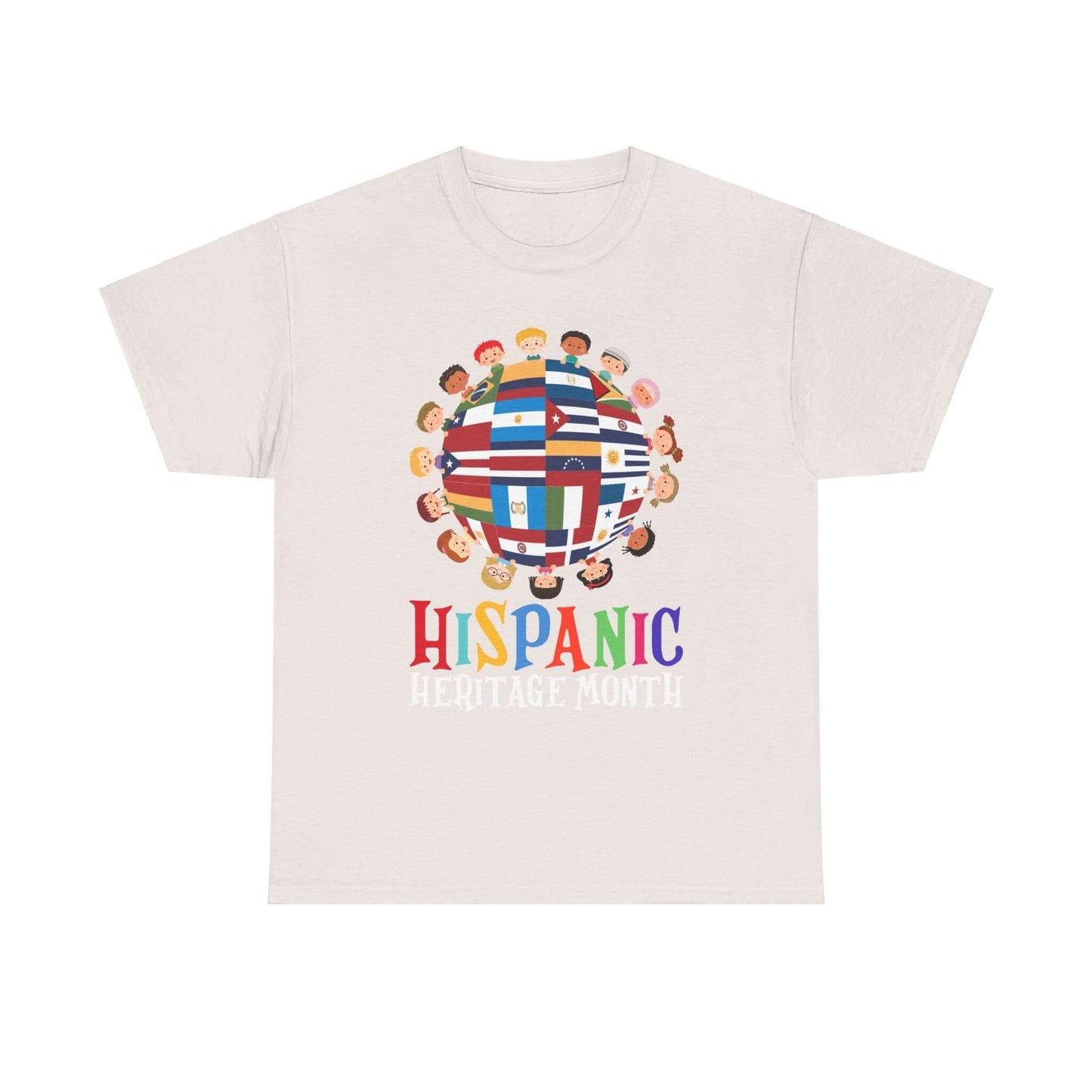 Kids' T-shirt celebrating Hispanic Heritage Month with flags and diverse children around a globe design.