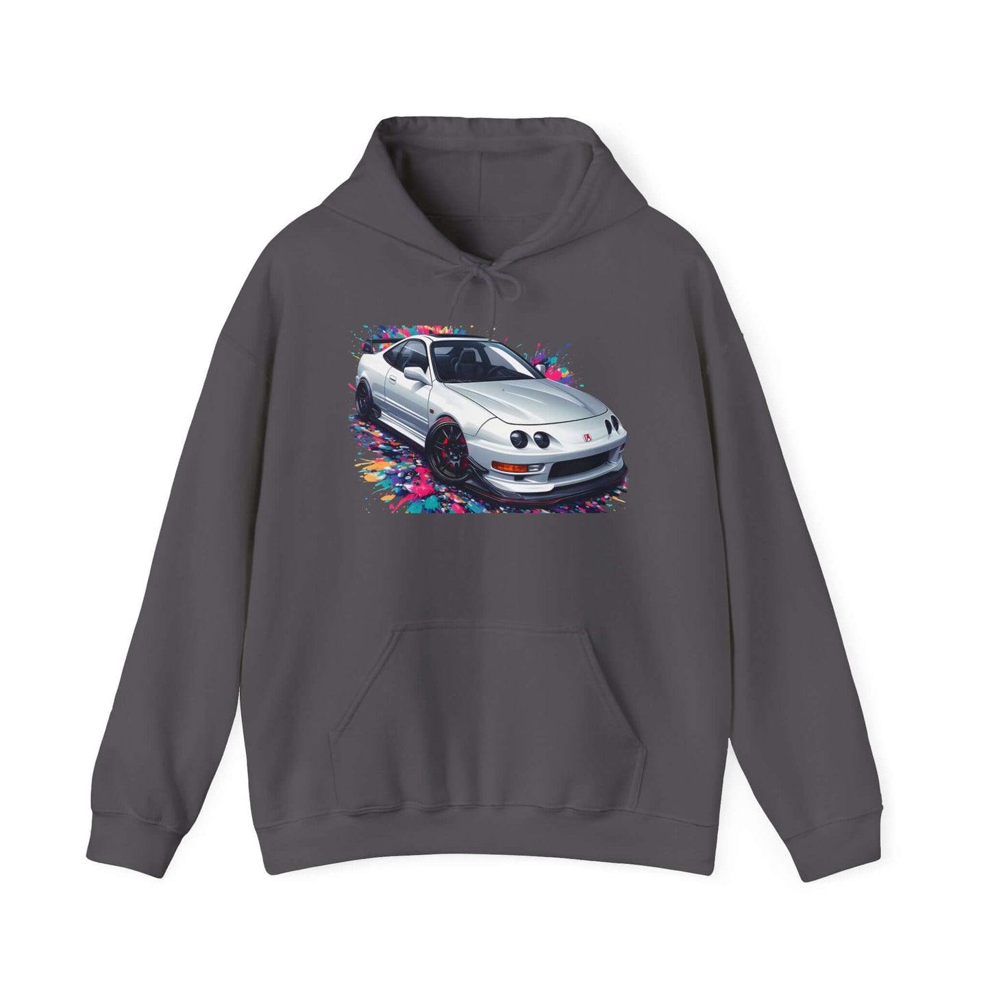 White Model integra hoodie with DC2 USDM front clip design, features sporty car graphic, perfect for car enthusiasts.