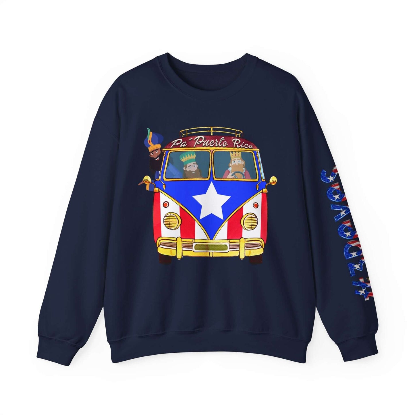 Black Christmas sweater with VW bus and Puerto Rico flag design, festive print on left sleeve, "Pa Puerto Rico" text on front.