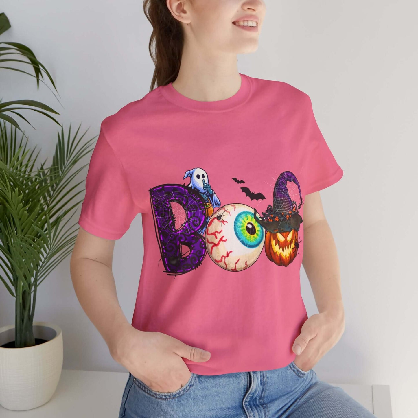 Halloween 'Boo' Women's T-shirt, Spooky Eyeball and Pumpkin Design, Cartoon Scary Tee for Unique Halloween Outfits and Fun Trick-or-Treating