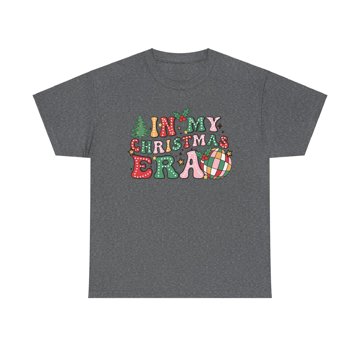 Gray T-shirt featuring "In My Christmas Era" design with festive letters and Christmas elements like trees and ornaments.