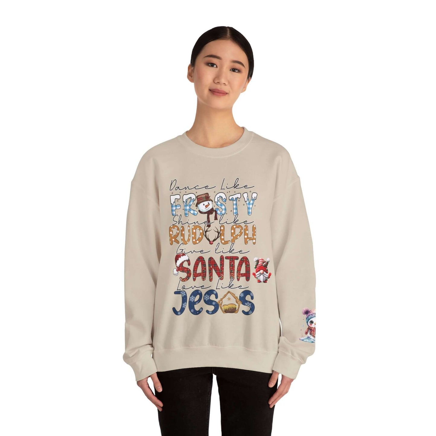 Festive Holiday T-Shirt with Snowman and Christmas Tree, Frosty Rudolph Santa Jesus Design, Colorful Fonts, Perfect Gift