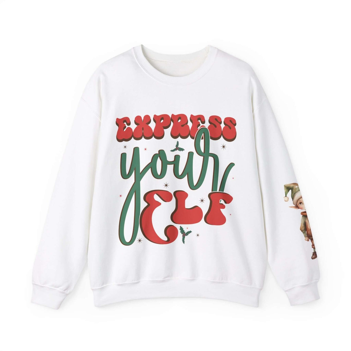 Express Yourself Festive Sweatshirt - Colorful Holiday Elf Design, Individuality and Style