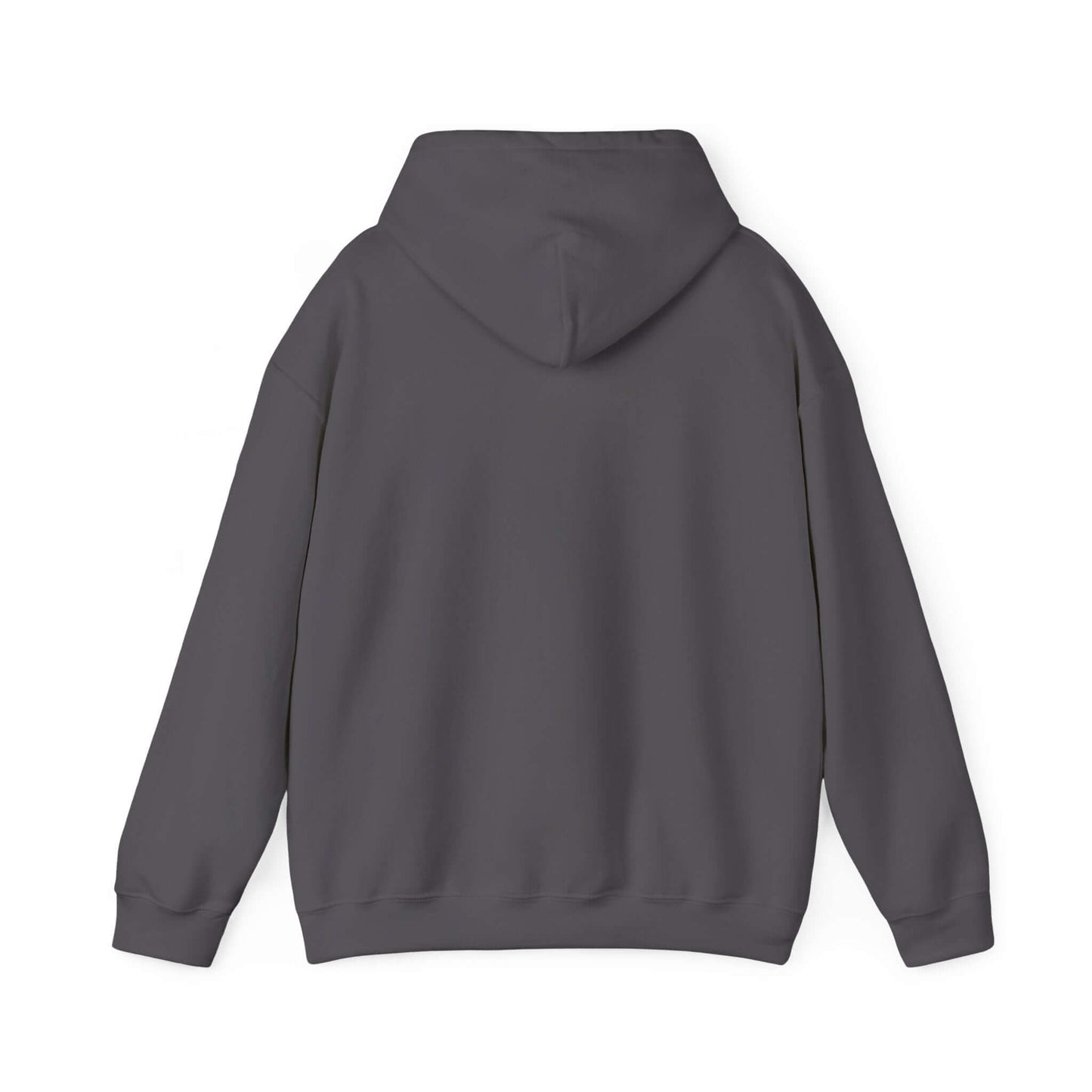 Back view of dark gray hooded sweatshirt with kangaroo pocket and adjustable hood, ideal for car enthusiasts and casual outings.