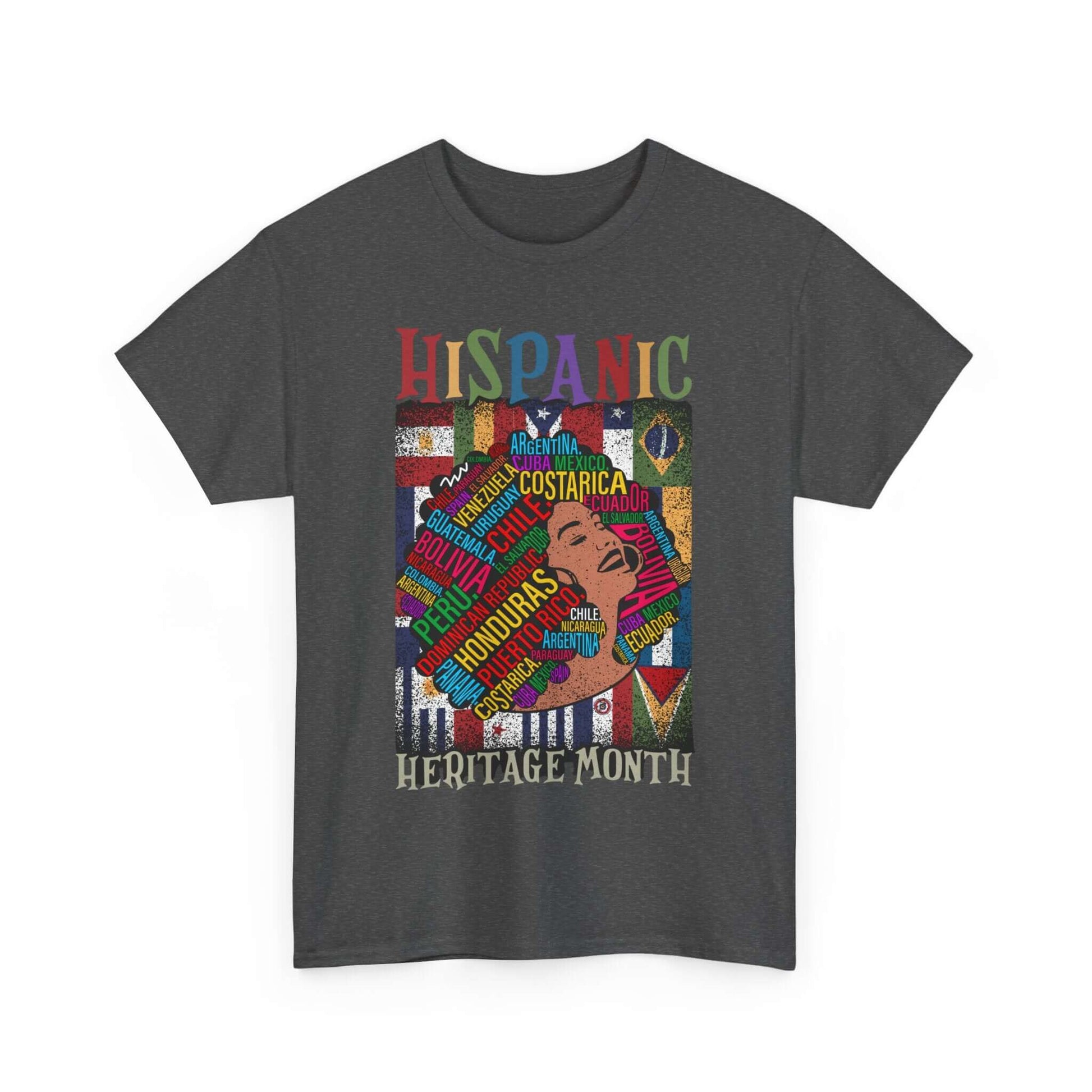 Vibrant Hispanic Heritage Month T-shirt with country names and cultural motifs