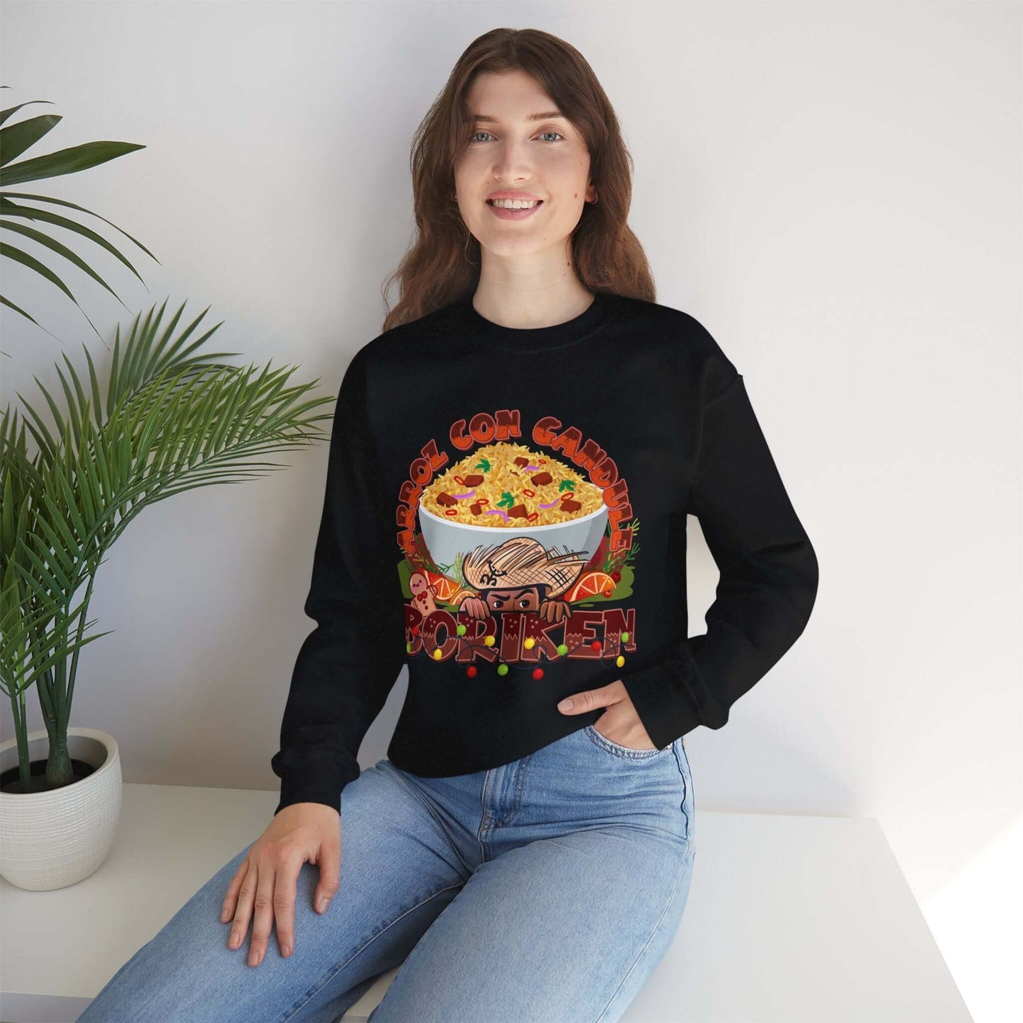 Woman wearing Arroz Con Gandules Christmas sweater with festive Puerto Rican design and vibrant holiday graphics.