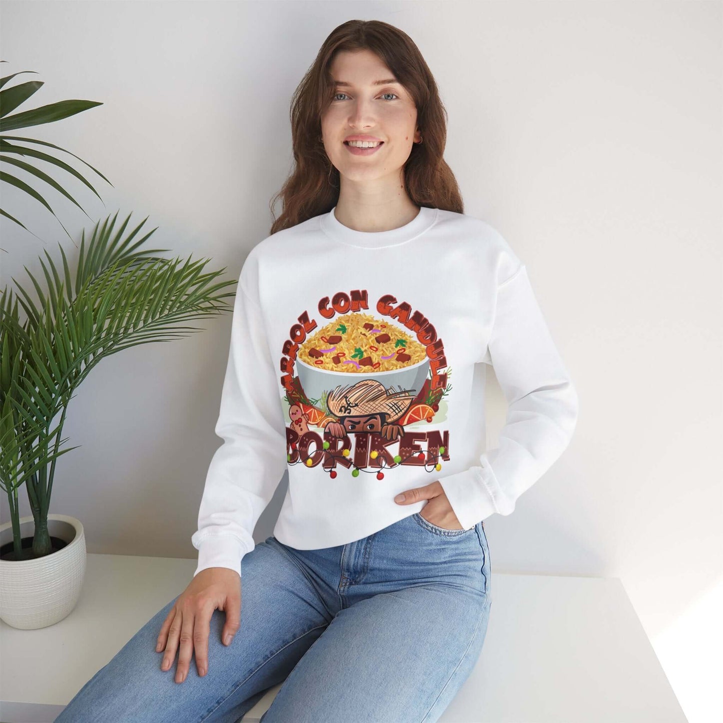 Woman wearing Arroz Con Gandules Christmas sweater with festive Puerto Rican design and bold text "ARROZ CON GANDULES" and "BORIKÉN."