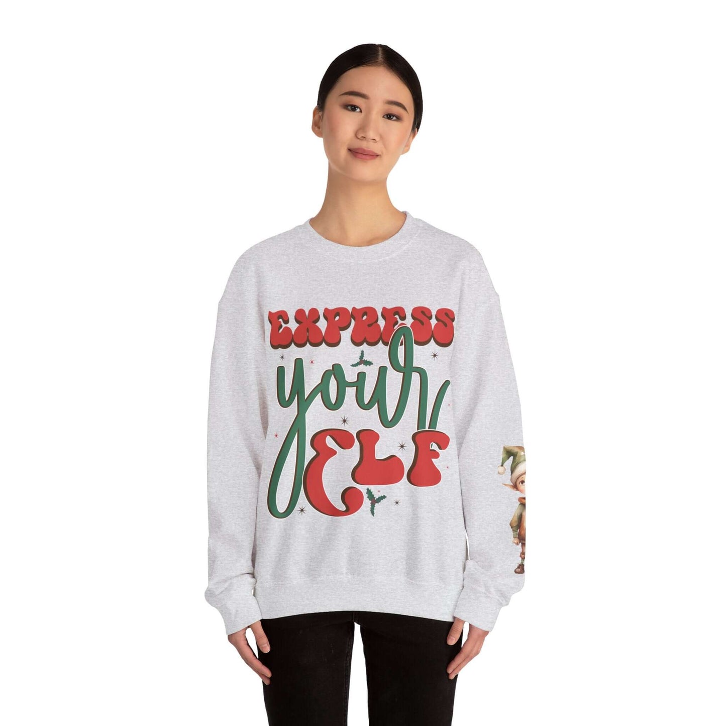 Express Yourself Festive Sweatshirt - Colorful Holiday Elf Design, Individuality and Style