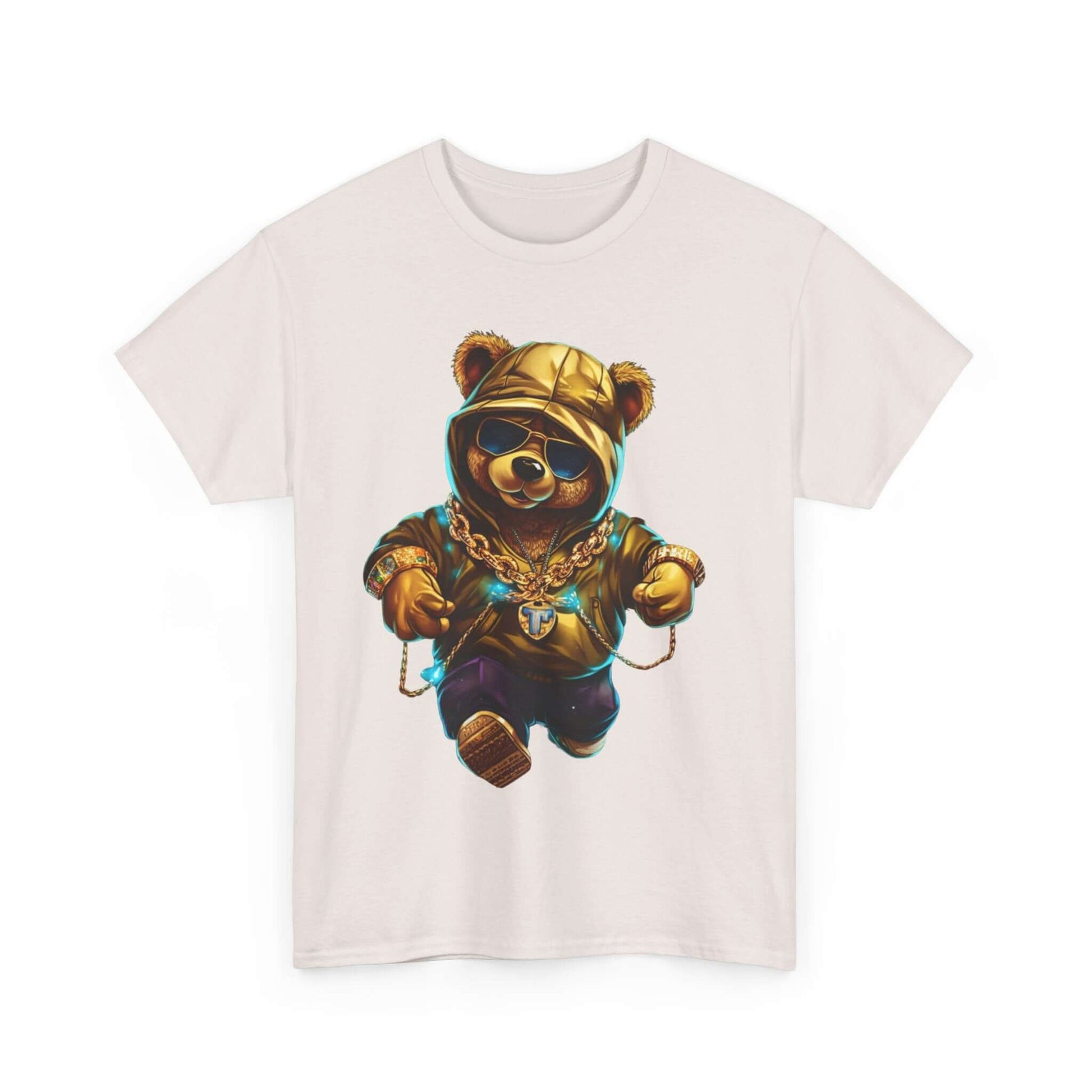 Bling Hip Bear Tee featuring a stylish bear in a gold hoodie and chains, perfect for casual and playful outfits.