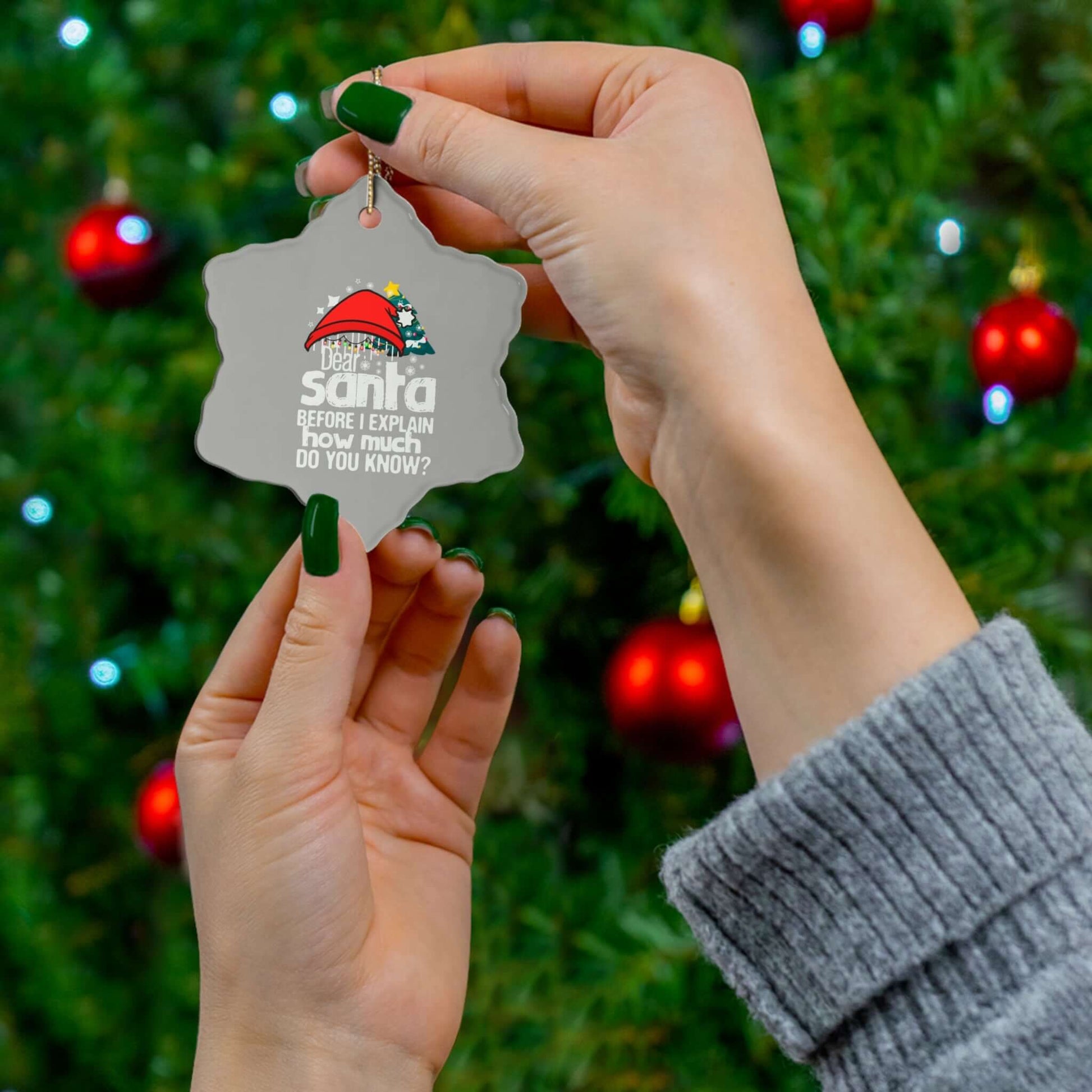 Playful ceramic ornament saying "Dear Santa, Before I explain, how much do you know?" hanging in front of a festive Christmas tree.