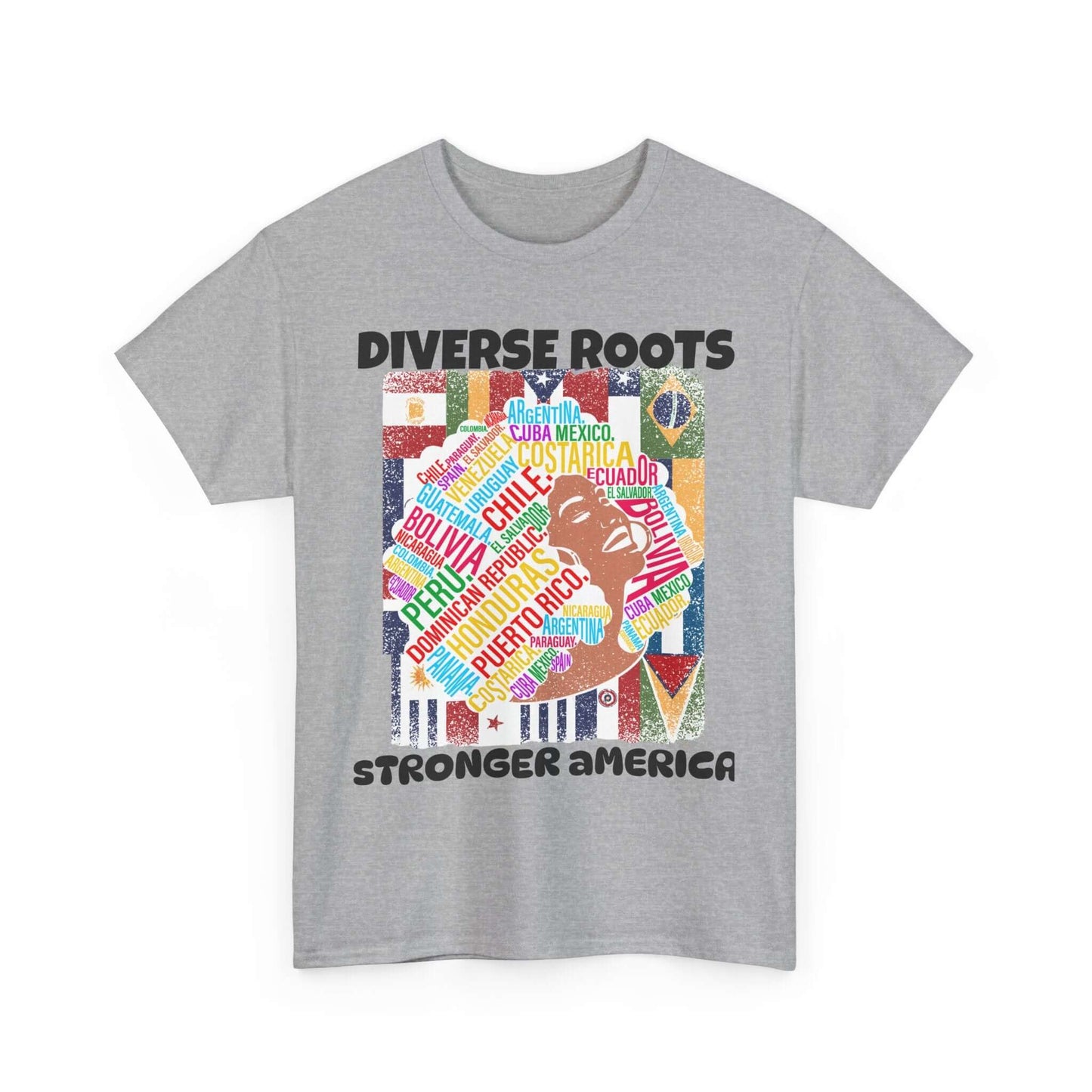 Alt Tag: Unisex T-Shirt with 'Diverse Roots Stronger America' design, advocating for immigration and diversity. Comfortable and stylish.