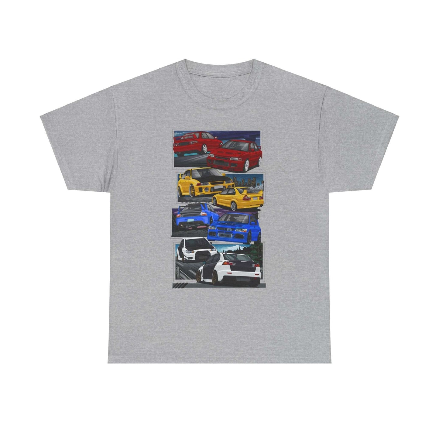 JDM-Inspired Evolution Car Tee, Red Yellow Blue White Enthusiast Shirt