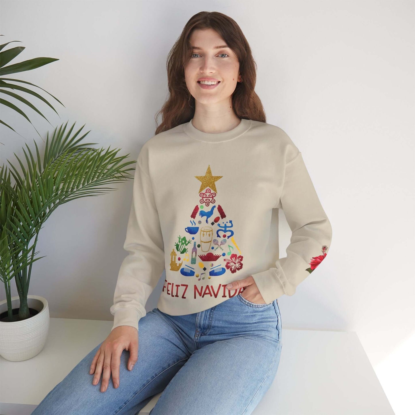 Feliz Navidad Puerto Rico Festive Print on left Long Sleeve Christmas T-Shirt with Unique Colorful Tree Design