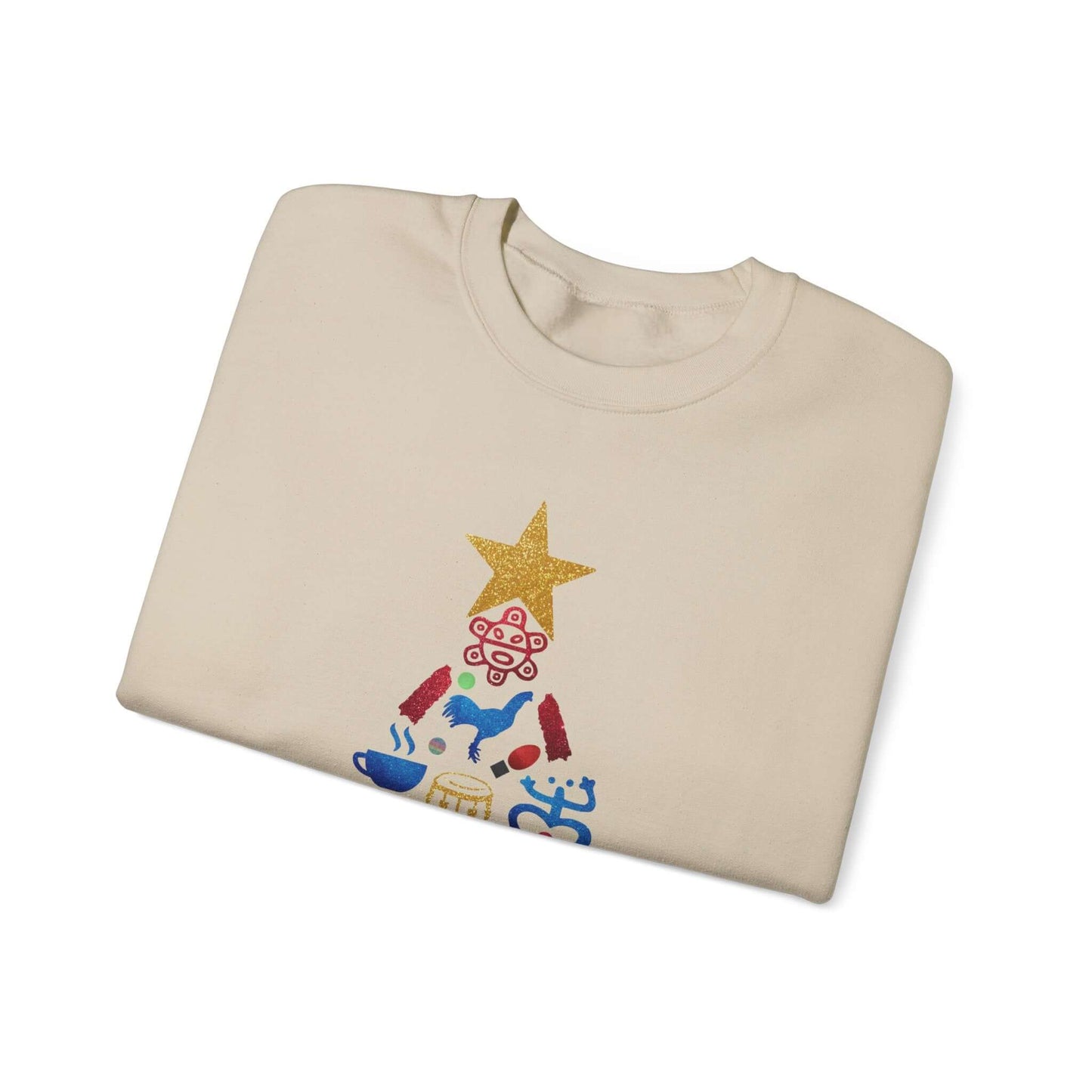 Feliz Navidad Puerto Rico Festive Print on left Long Sleeve Christmas T-Shirt with Unique Colorful Tree Design