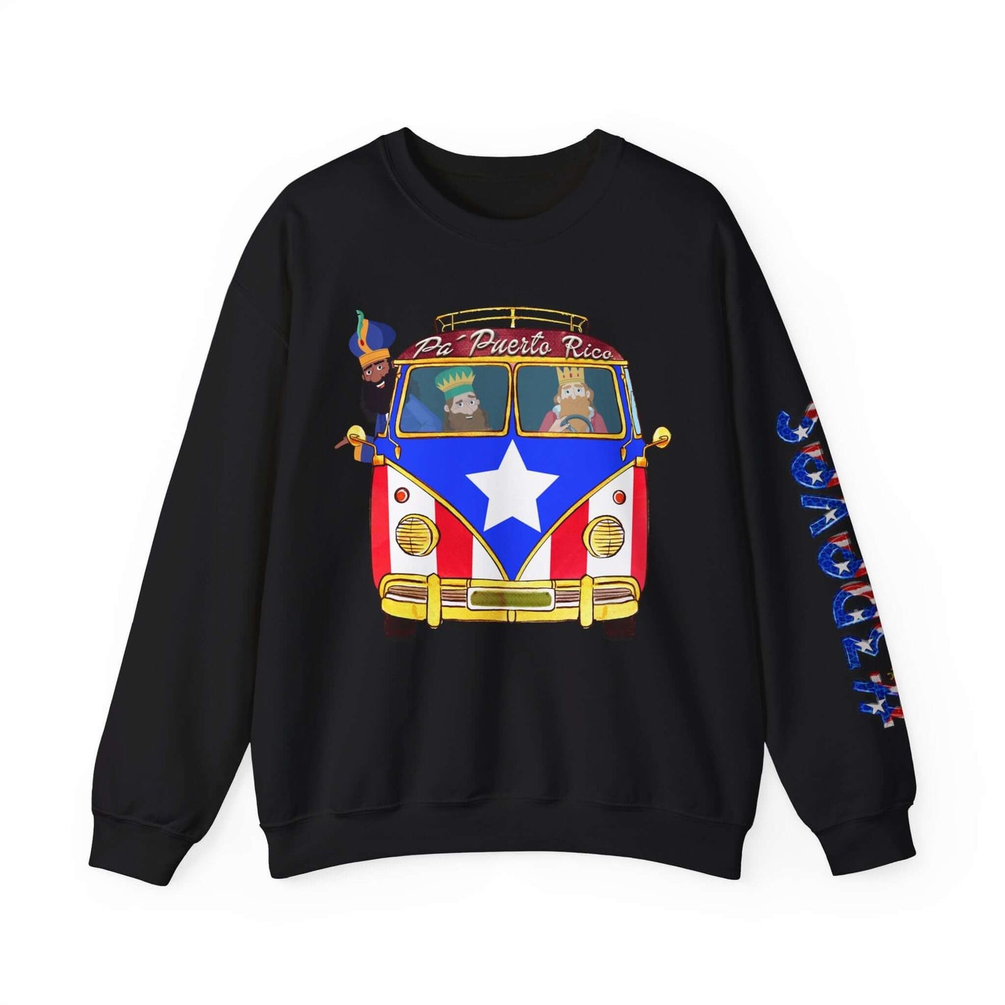 Festive black sweater with VW bus design and Puerto Rico flag, "Pa Puerto Rico" text, and colorful left sleeve print.