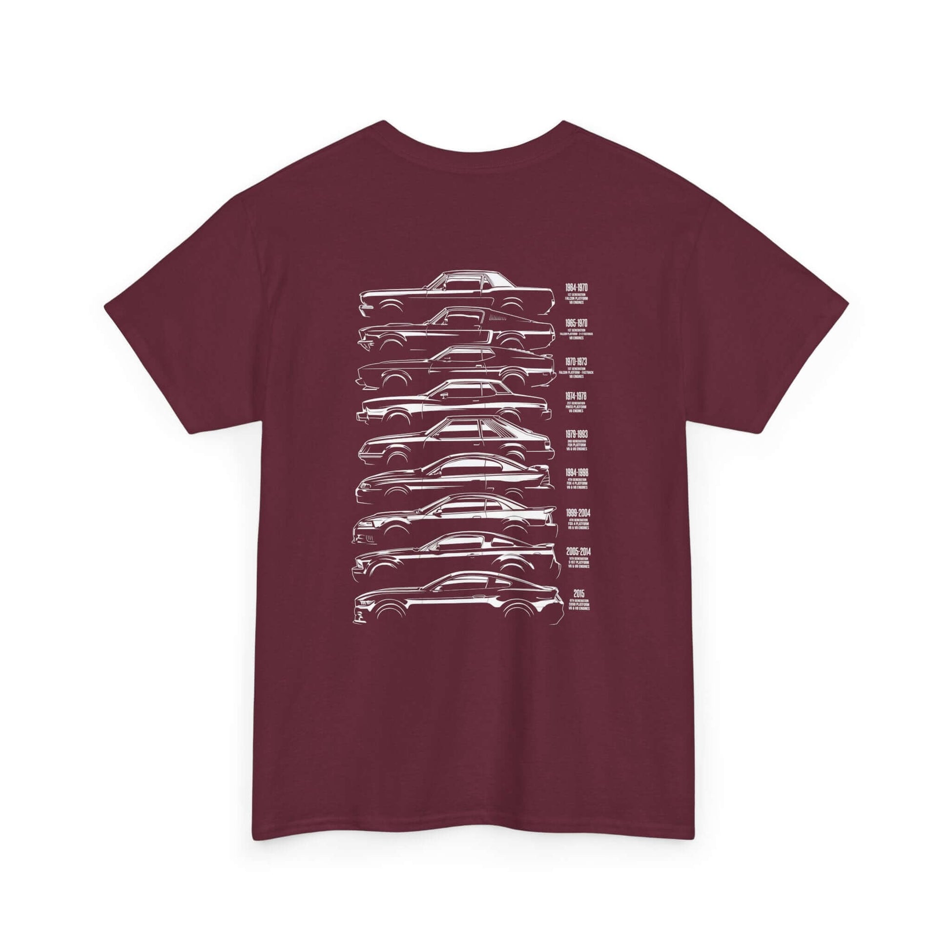 Ford Mustang Evolution Tee showcasing rear print of Mustang models from 1964 to 2015 on a burgundy shirt