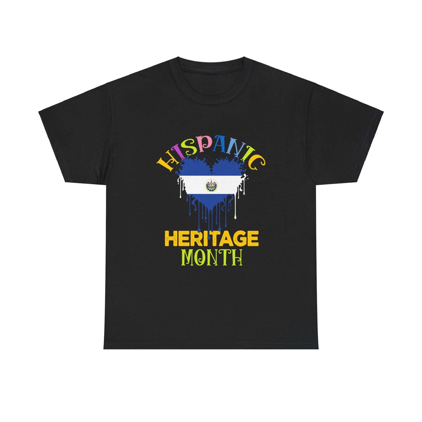 Black Hispanic Heritage Month Salvadorian Heart Flag Graphic Tee with colorful text and tear-away label.