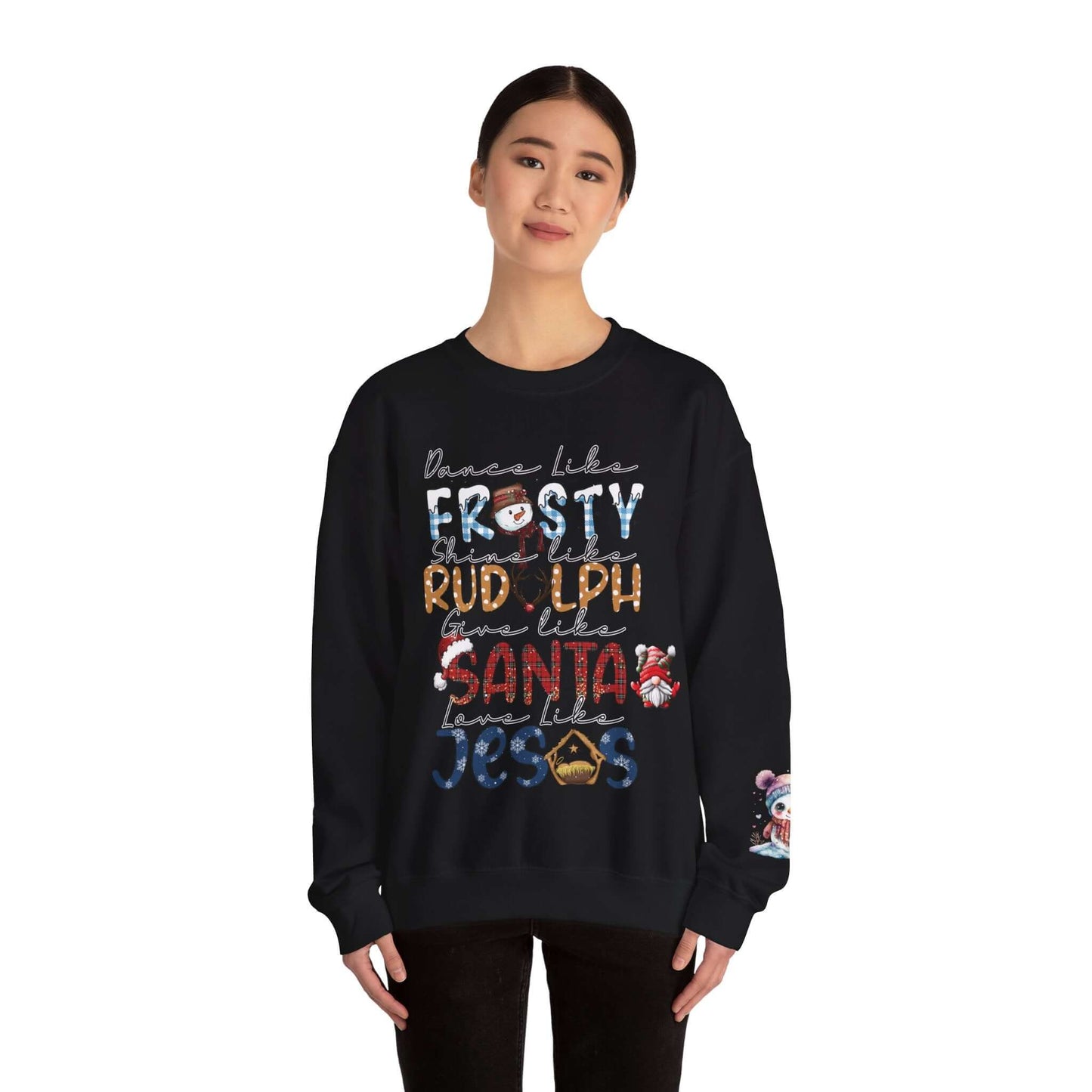 Festive Holiday T-Shirt with Snowman and Christmas Tree, Frosty Rudolph Santa Jesus Design, Colorful Fonts, Perfect Gift