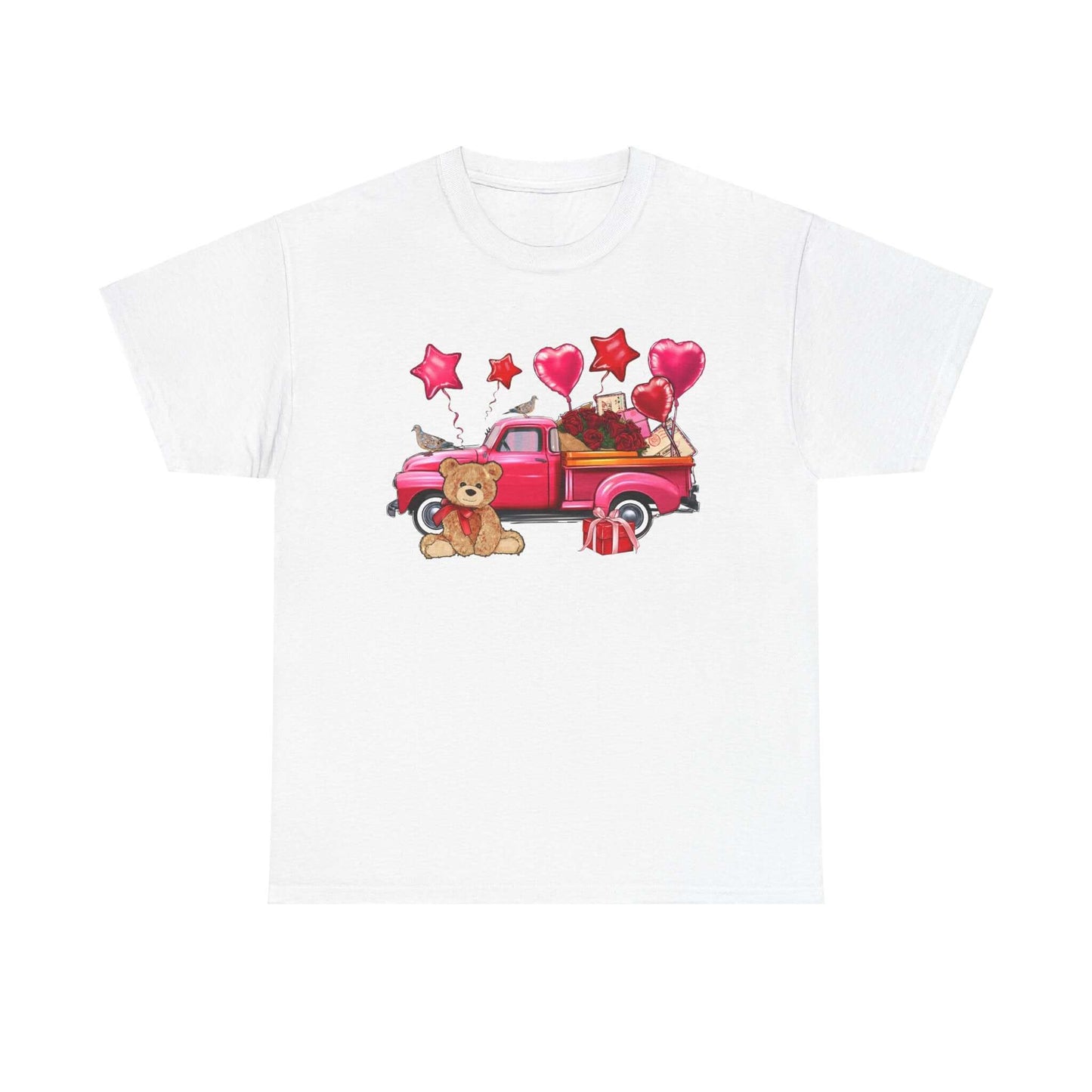 Valentine's Day unisex heavy cotton t-shirt with vintage truck, roses, and teddy bear design, perfect romantic gift for nostalgia lovers.