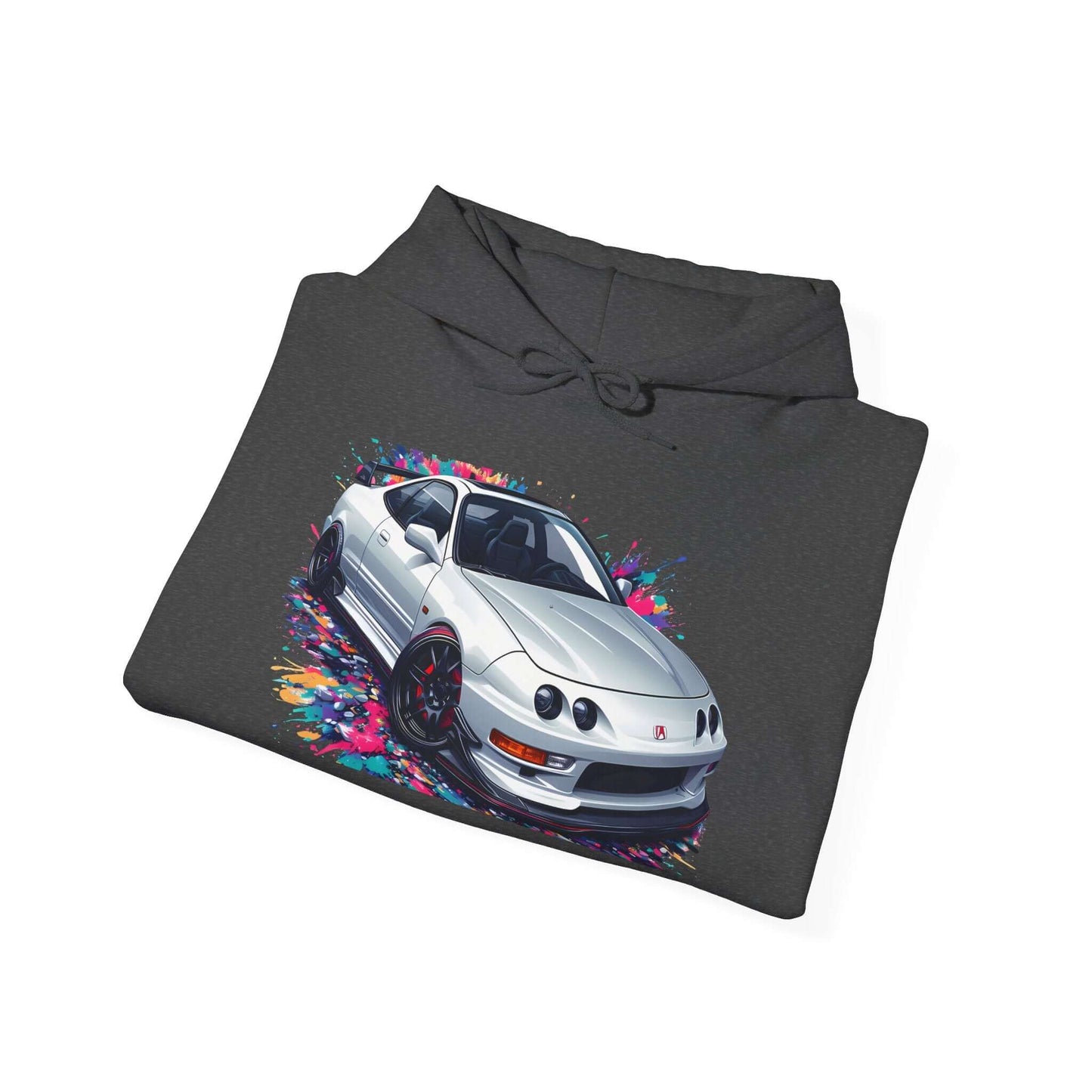 White Model Integra hooded sweatshirt with DC2 USDM front clip design, perfect for car enthusiasts and casual outings.