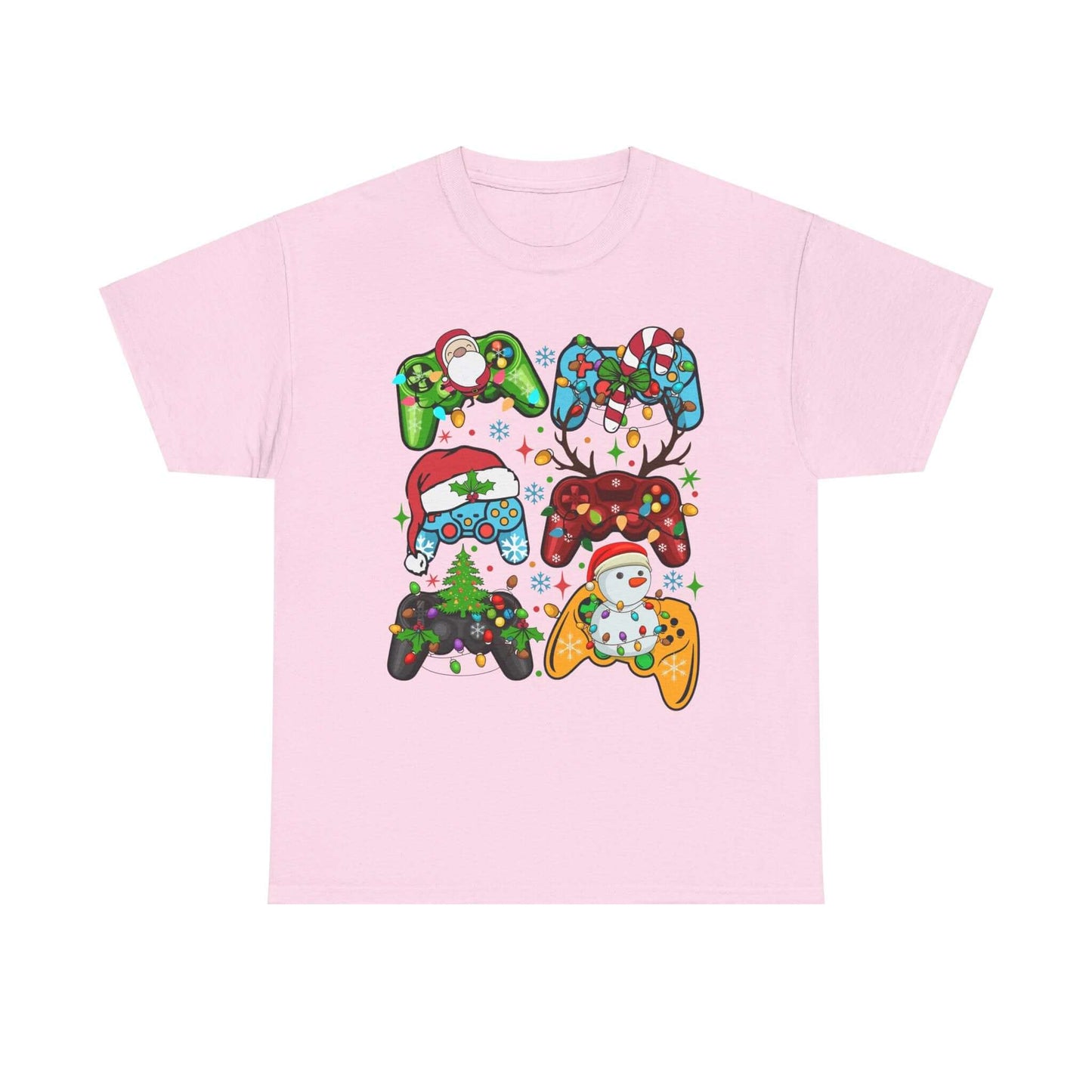 Christmas Gaming Controller Santa Claus tee with colorful controllers on a pink shirt, perfect for festive gamers.