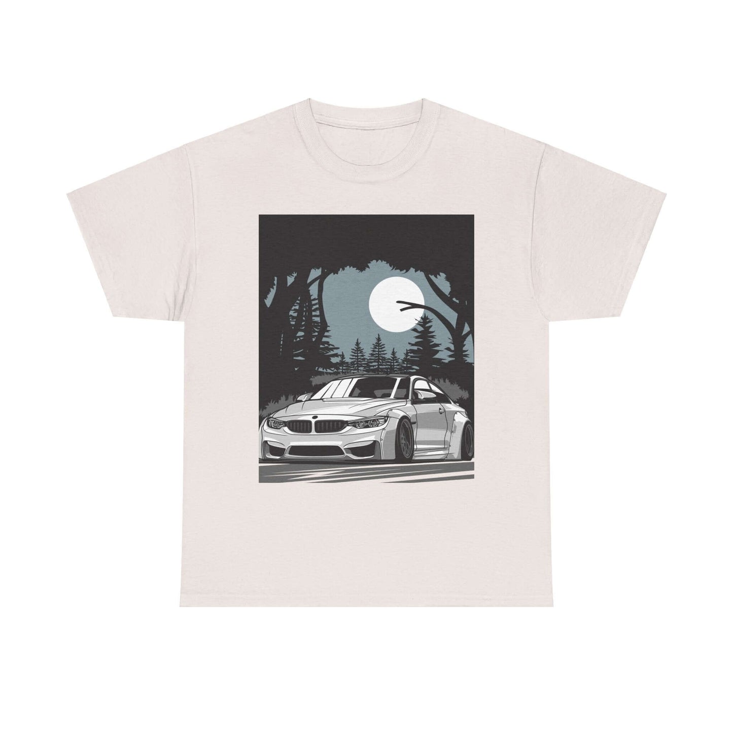 Nighttime forest drive T-shirt featuring a car under a full moon, perfect for nature lovers and adventurers.