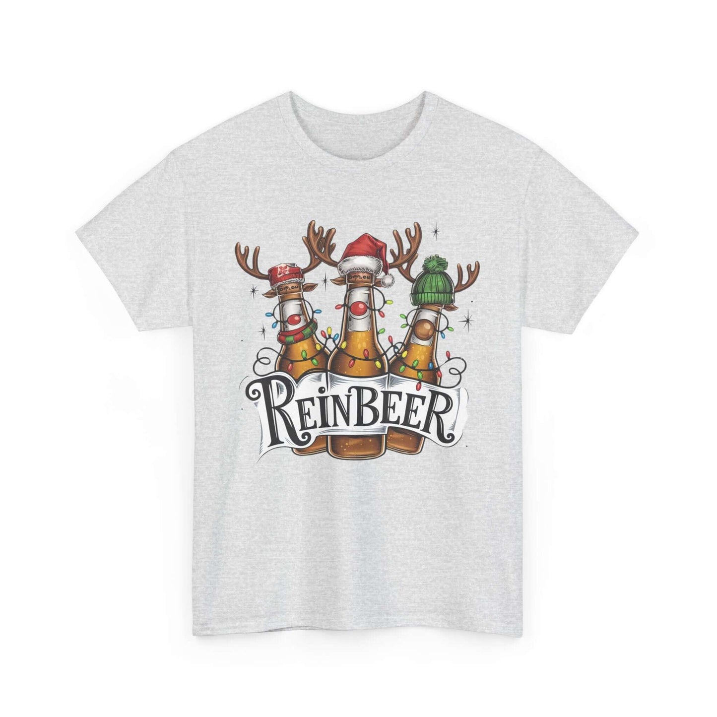 Festive 'Reinbeer' t-shirt featuring reindeer beer bottles in holiday hats and antlers, perfect for Christmas celebrations.