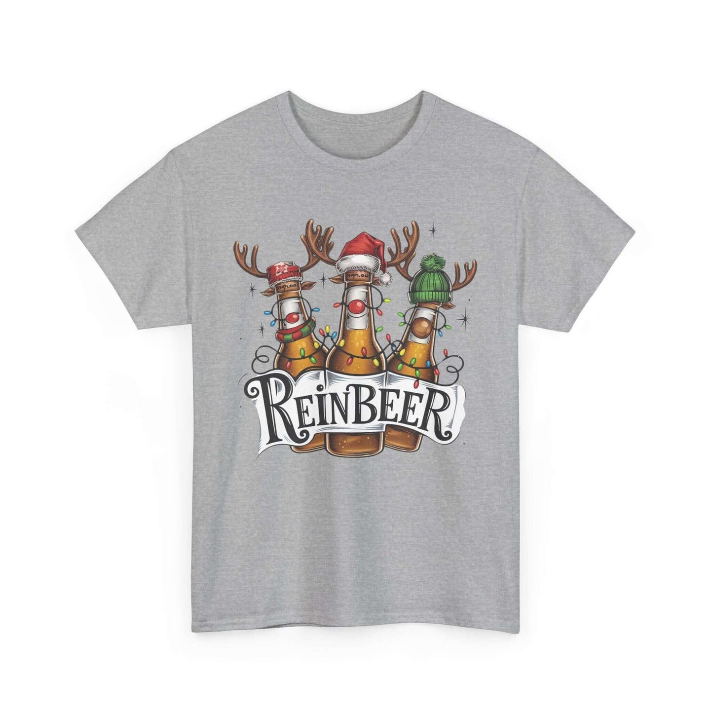 Festive 'Reinbeer' graphic t-shirt featuring beer bottles as reindeer with antlers, hats, and holiday lights for Christmas cheer.