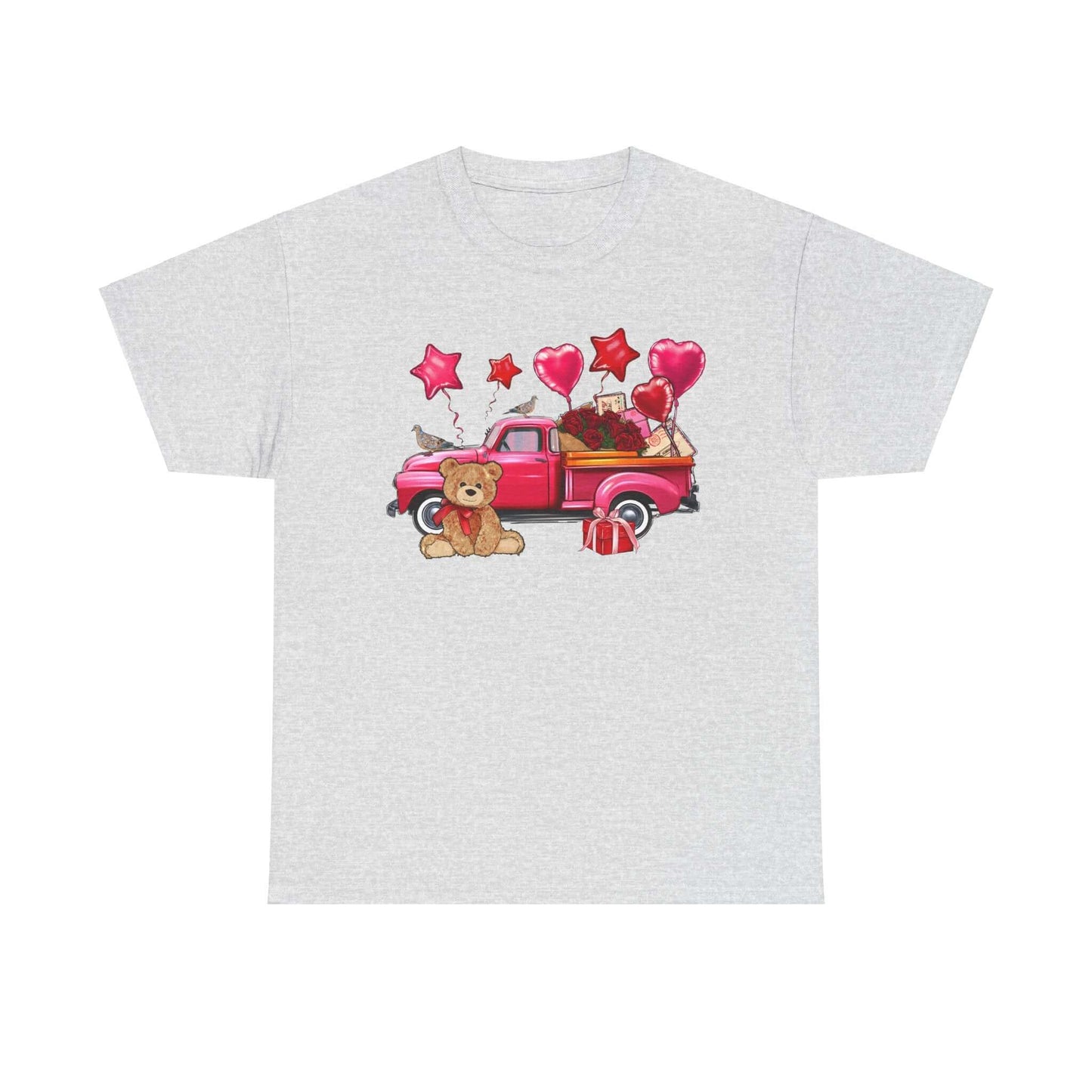 Valentine's Day unisex T-shirt with vintage truck, roses, teddy bear, and heart balloons design on heavy cotton fabric.