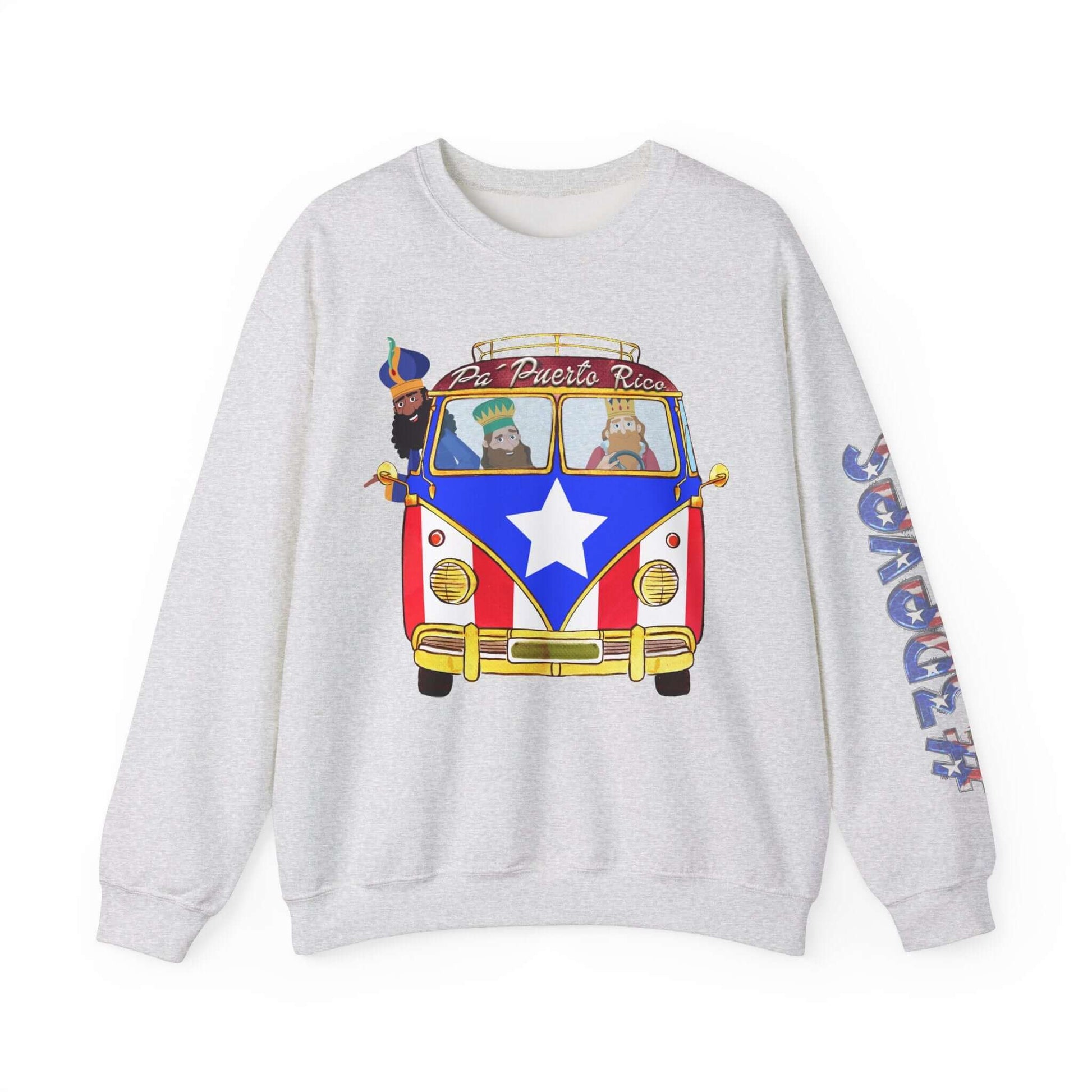 Festive Christmas sweater with Puerto Rico-themed VW bus print and colorful sleeve design.