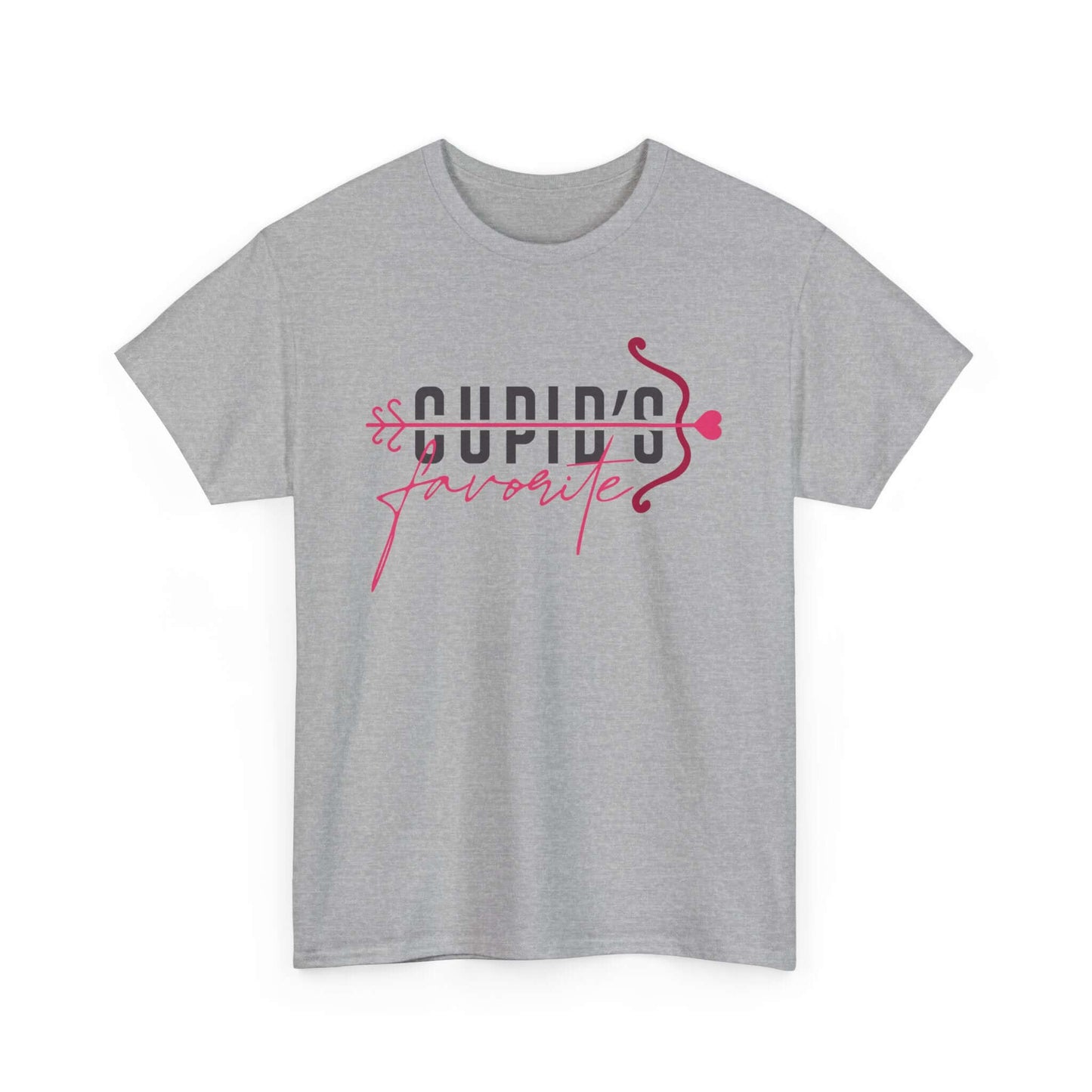 Grey Cupid's Favorite T-Shirt perfect for a romantic Valentine's Day outfit, featuring playful text design and stylish look.