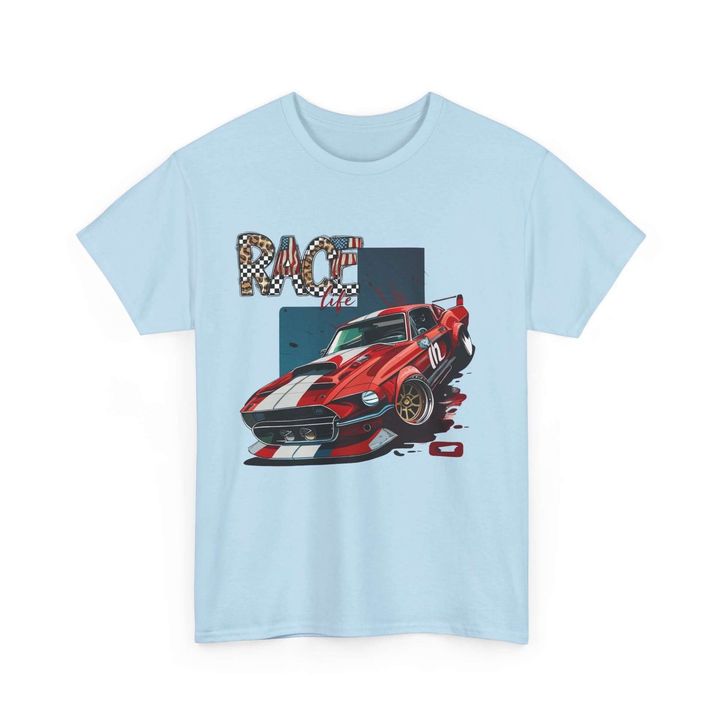 Racing Life Muscle Car T-Shirt with Classic Mustang and Racing Stripes Design for Track Day Enthusiasts