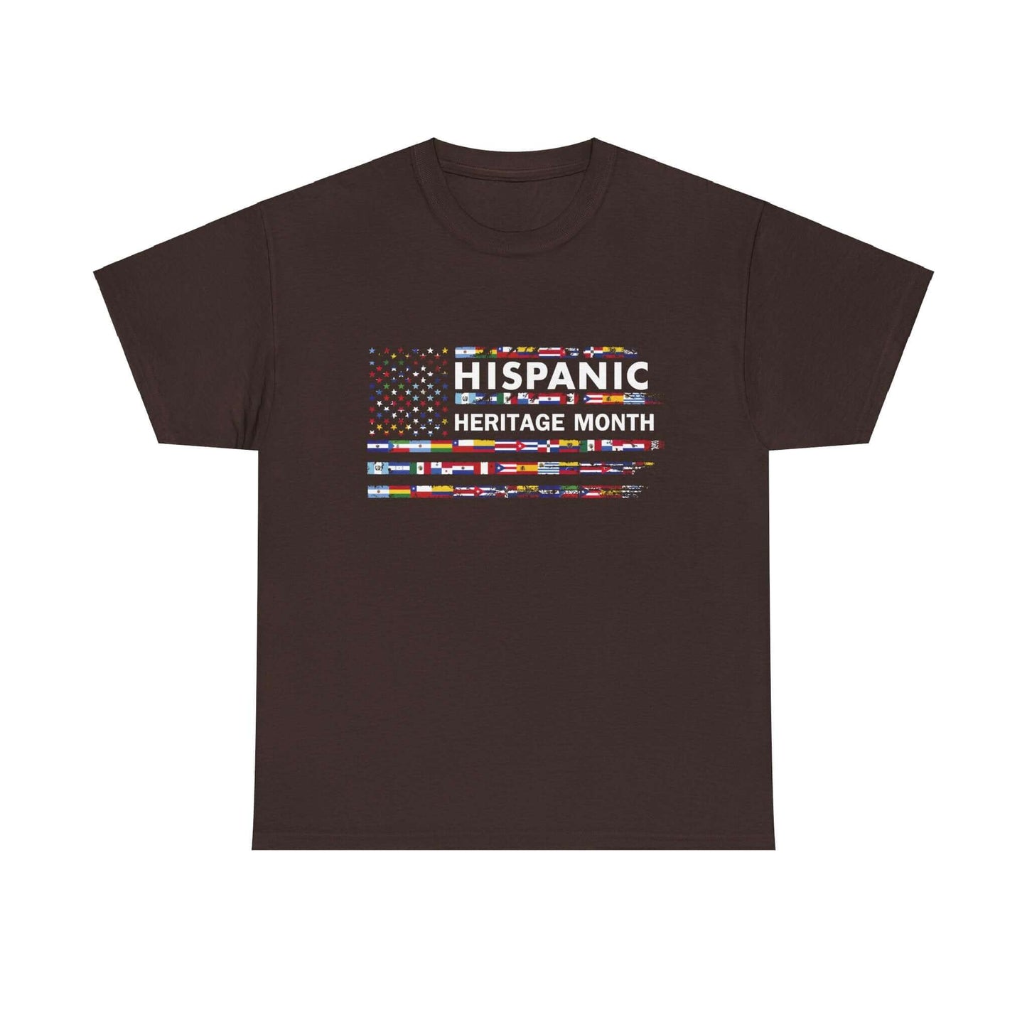 Hispanic Heritage Month T-shirt featuring colorful flags on a brown background, celebrating cultural unity and pride.