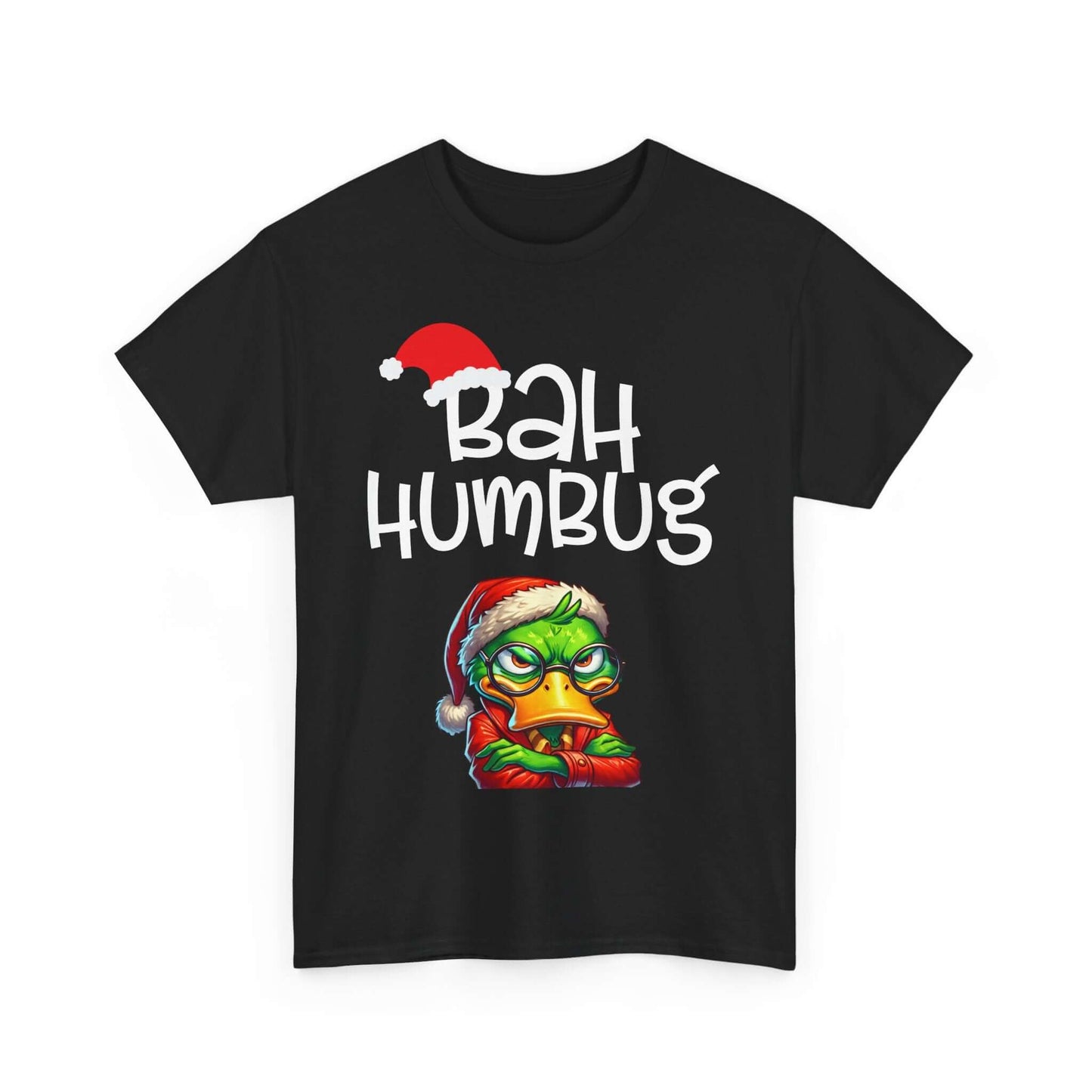 Unisex black tee with "Bah Humbug" graphic and festive Santa hat, perfect for humorous Christmas celebrations.