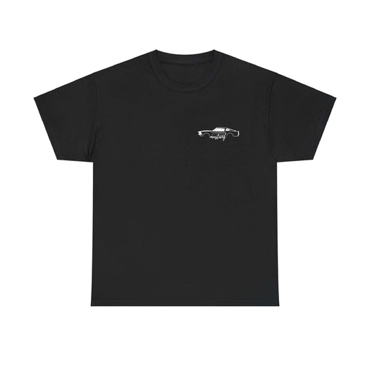 Black Ford Mustang Evolution Tee with 1967 Mustang front upper chest print, showcasing classic car design and year-by-year specs.