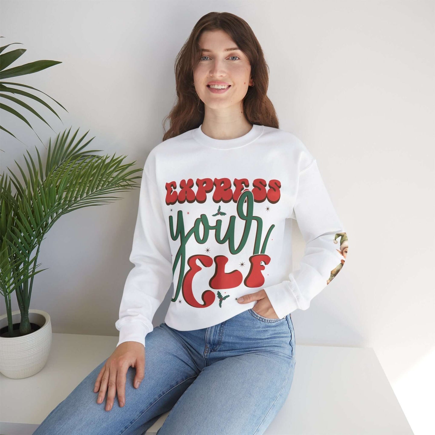 Express Yourself Festive Sweatshirt - Colorful Holiday Elf Design, Individuality and Style