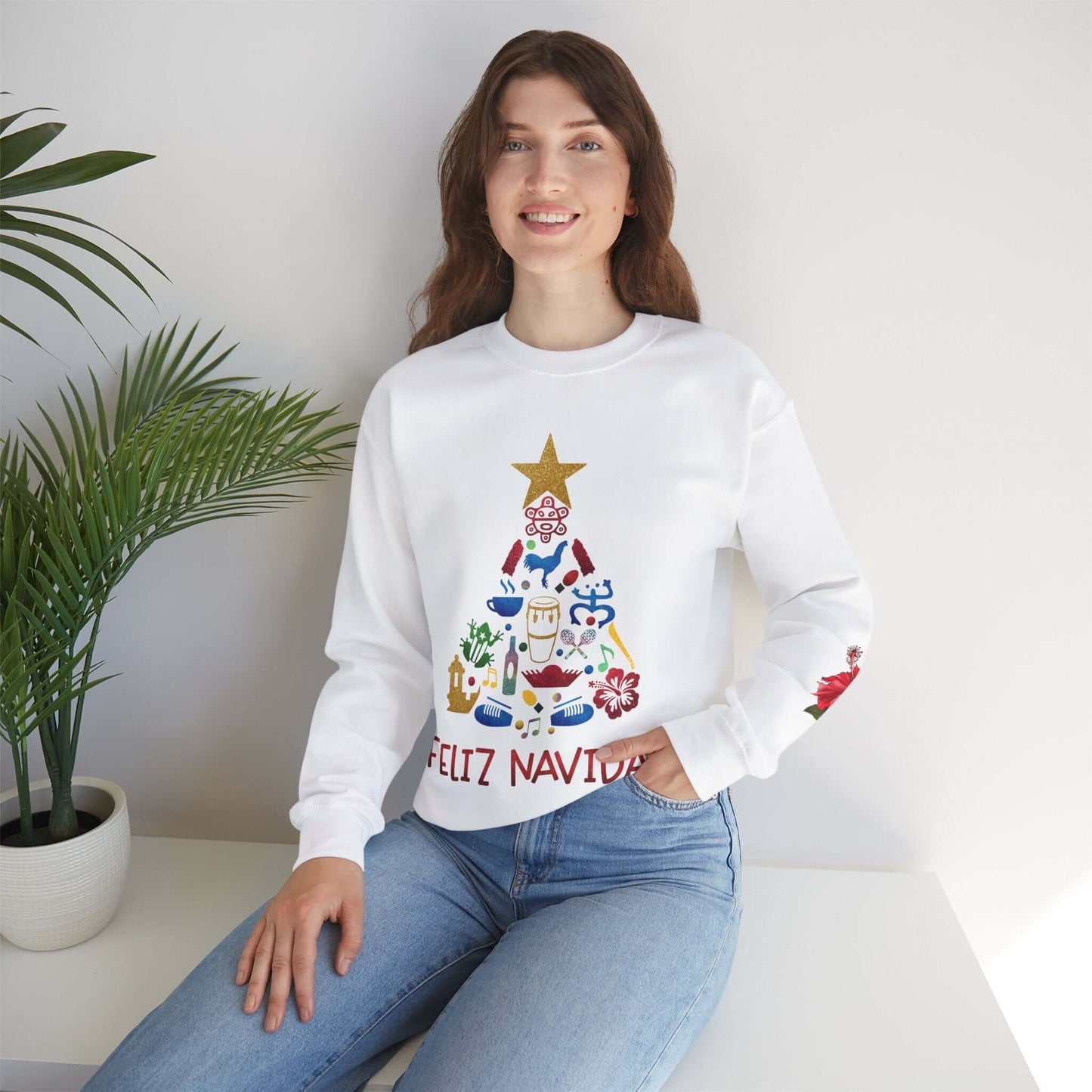 Feliz Navidad Puerto Rico Festive Print on left Long Sleeve Christmas T-Shirt with Unique Colorful Tree Design