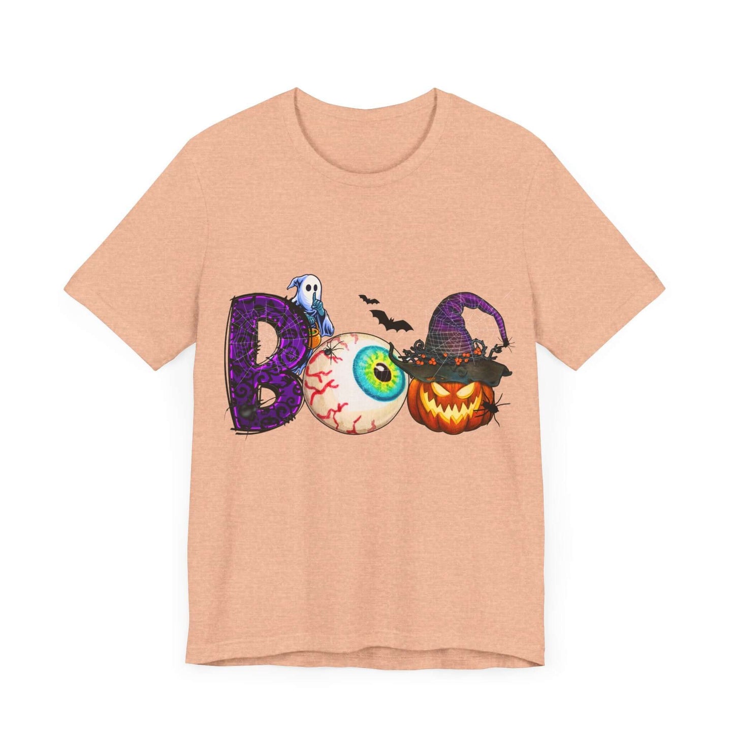 Halloween 'Boo' Women's T-shirt, Spooky Eyeball and Pumpkin Design, Cartoon Scary Tee for Unique Halloween Outfits and Fun Trick-or-Treating