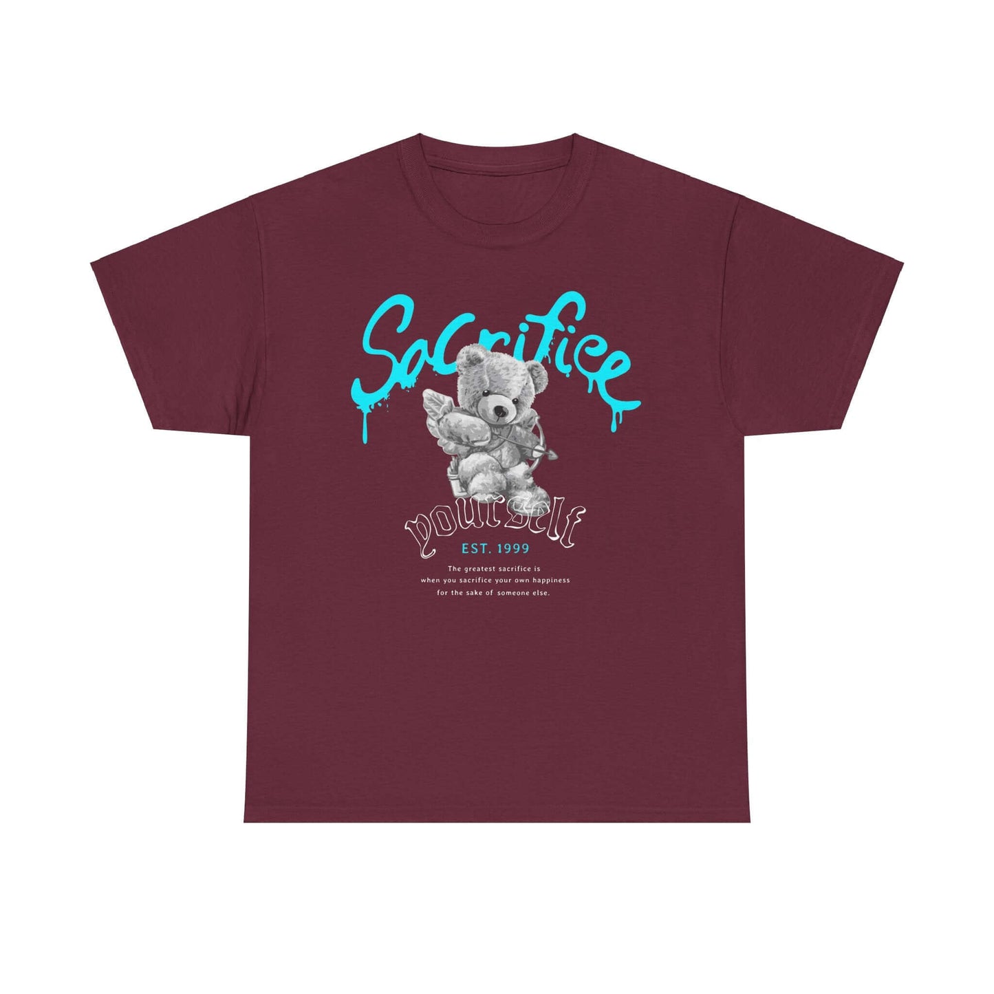 Whimsical bear graphic tee in maroon with expressive saying "Sacrifice yourself" for playful streetwear style.