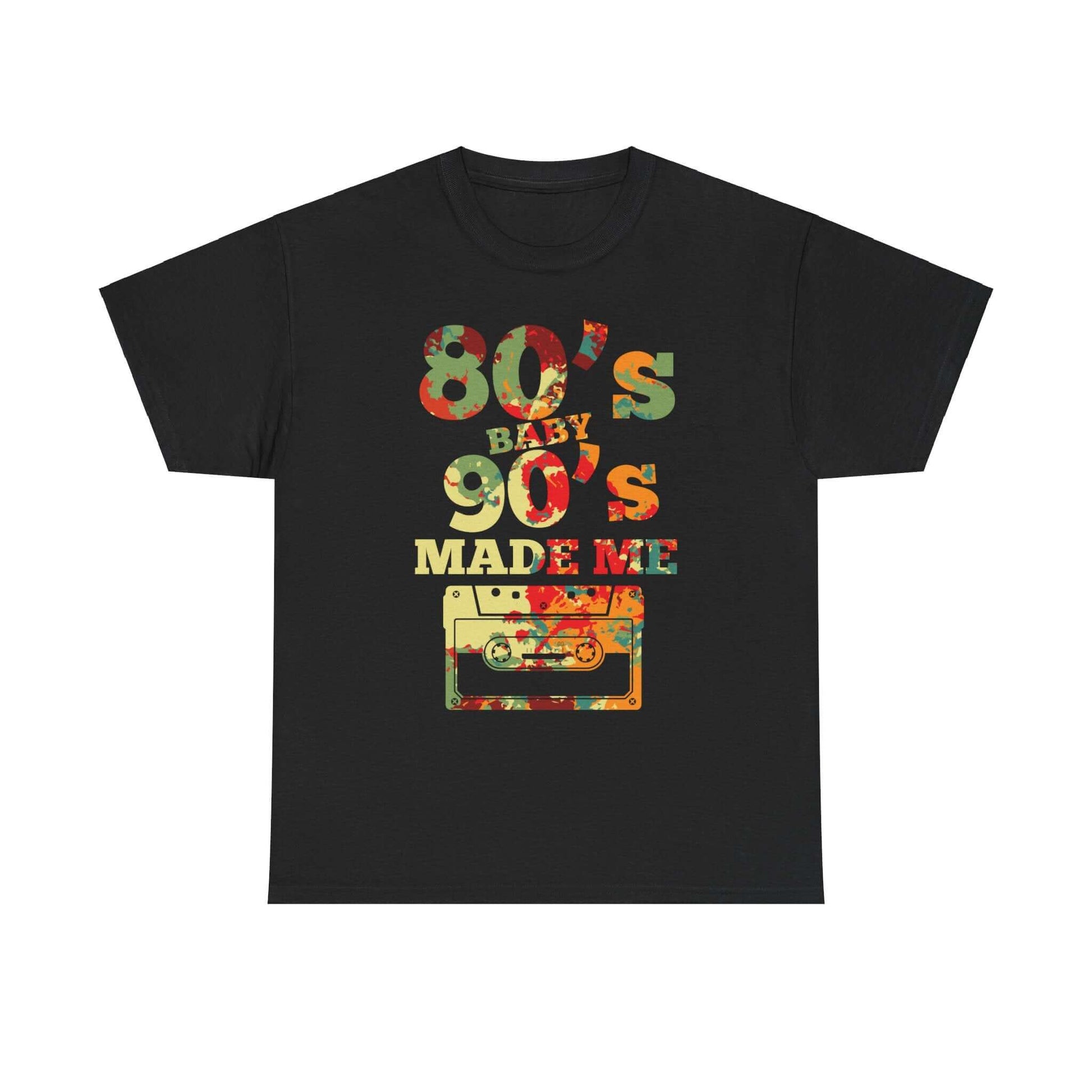 Retro Nostalgia Graphic Tee with "80's Baby 90's Made Me" text and cassette design, ideal for vintage vibes and throwback parties